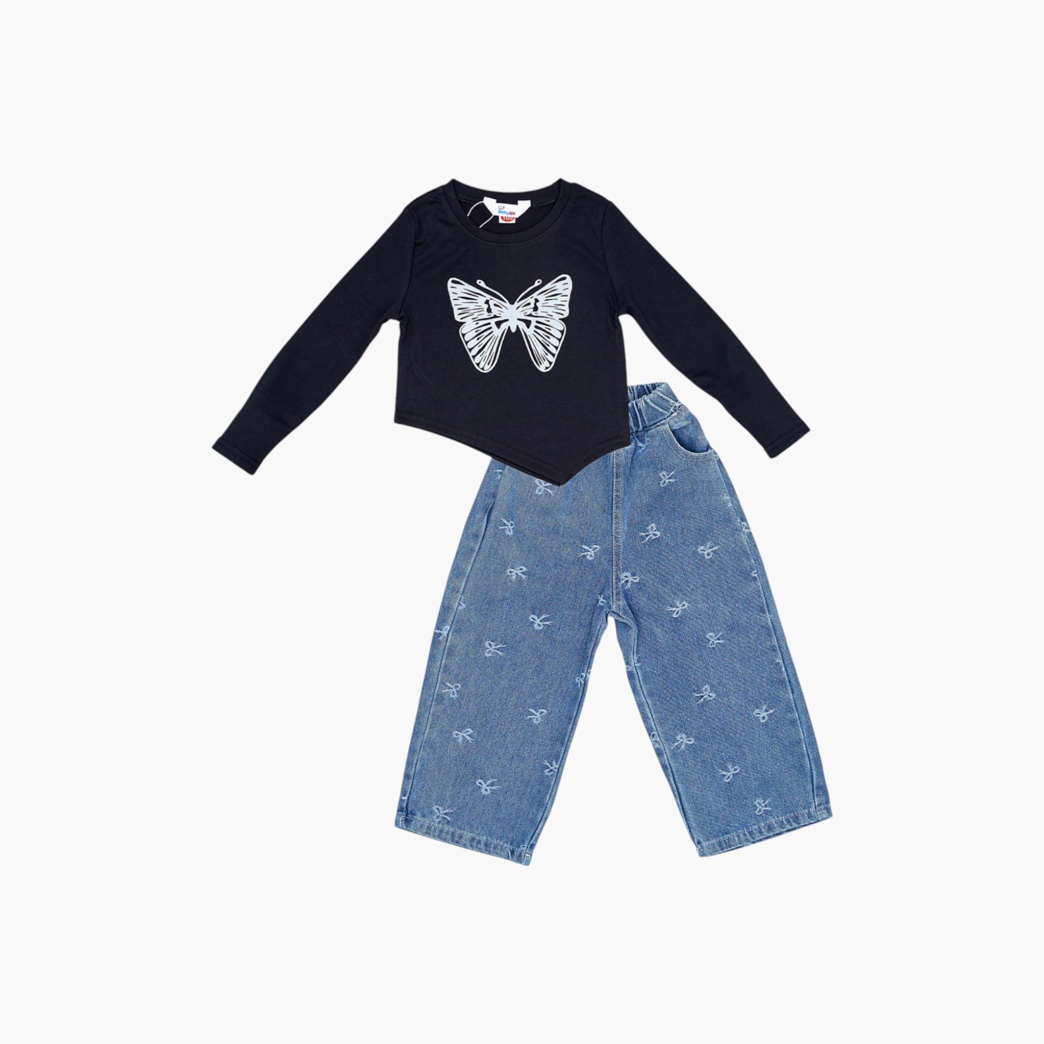 توب من قطعتين بطبعة فراشات مع بنطال جينز من بيبيكلو-girls-clothing-setsandcoords-image-3