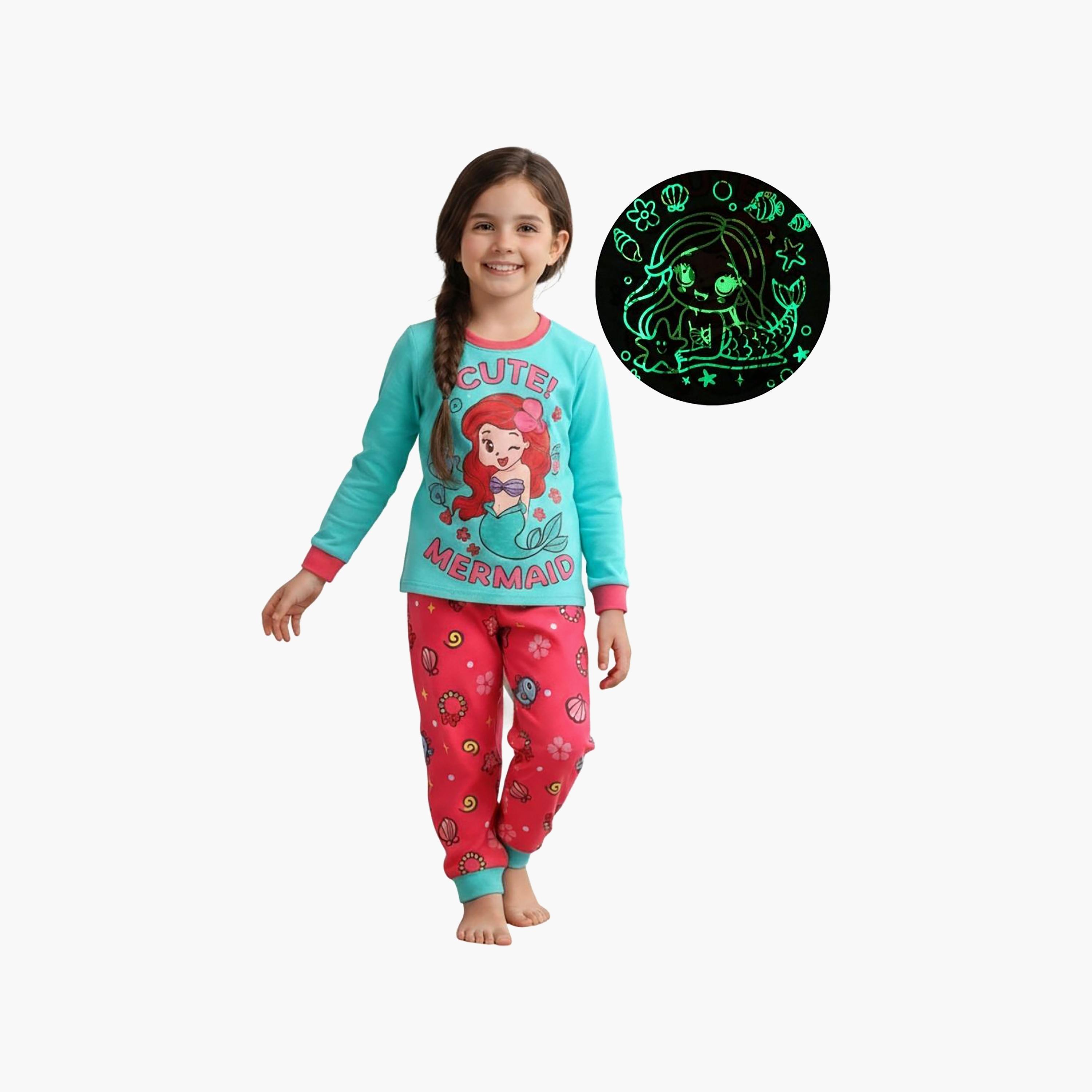 Babyqlo 2-Piece Mermaid Printed Glow in the Dark Pyjama Set-girls-clothing-setsandcoords-image-1