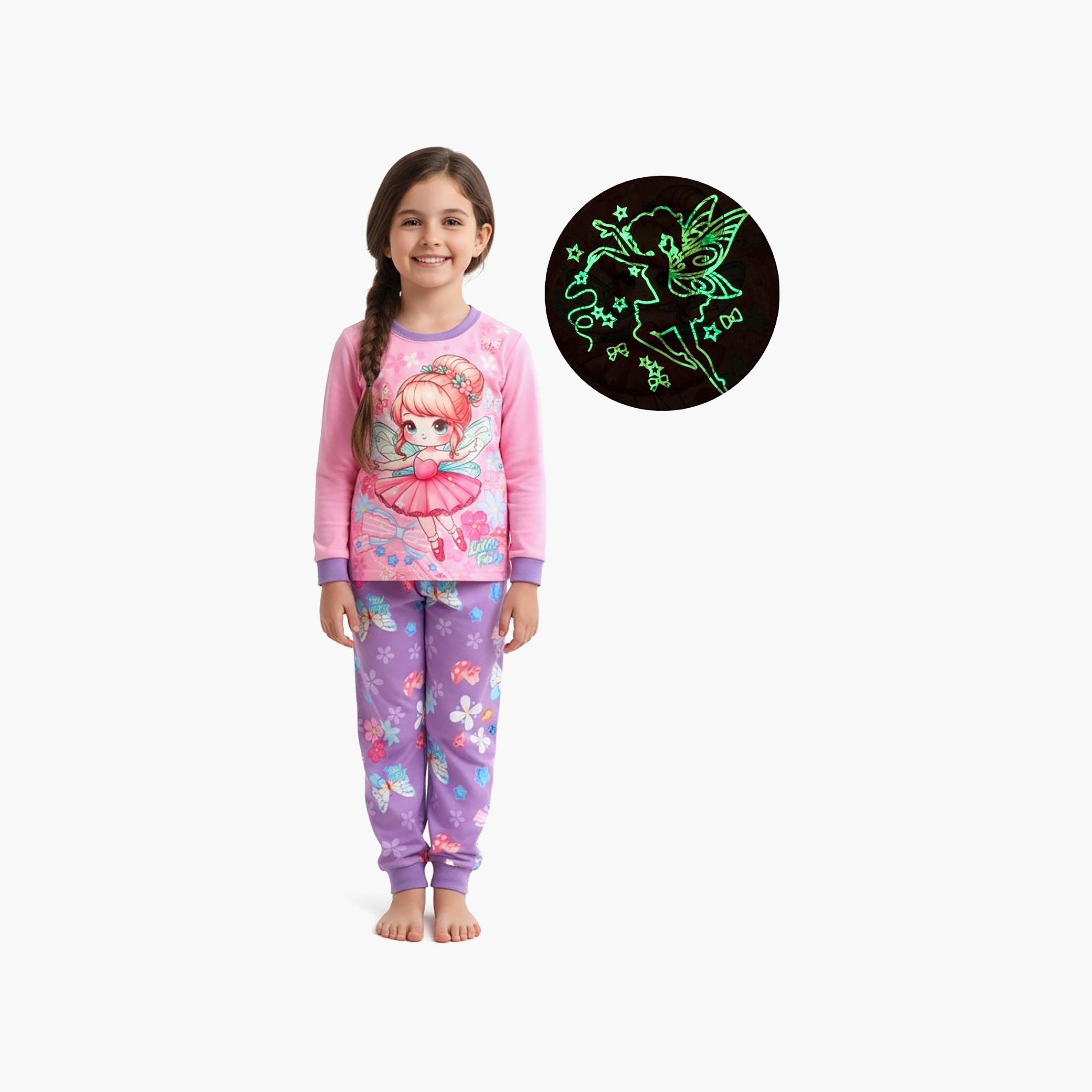 Babyqlo 2-Piece Princess Fairy Printed Glow in the Dark Pyjama Set-girls-clothing-setsandcoords-image-1