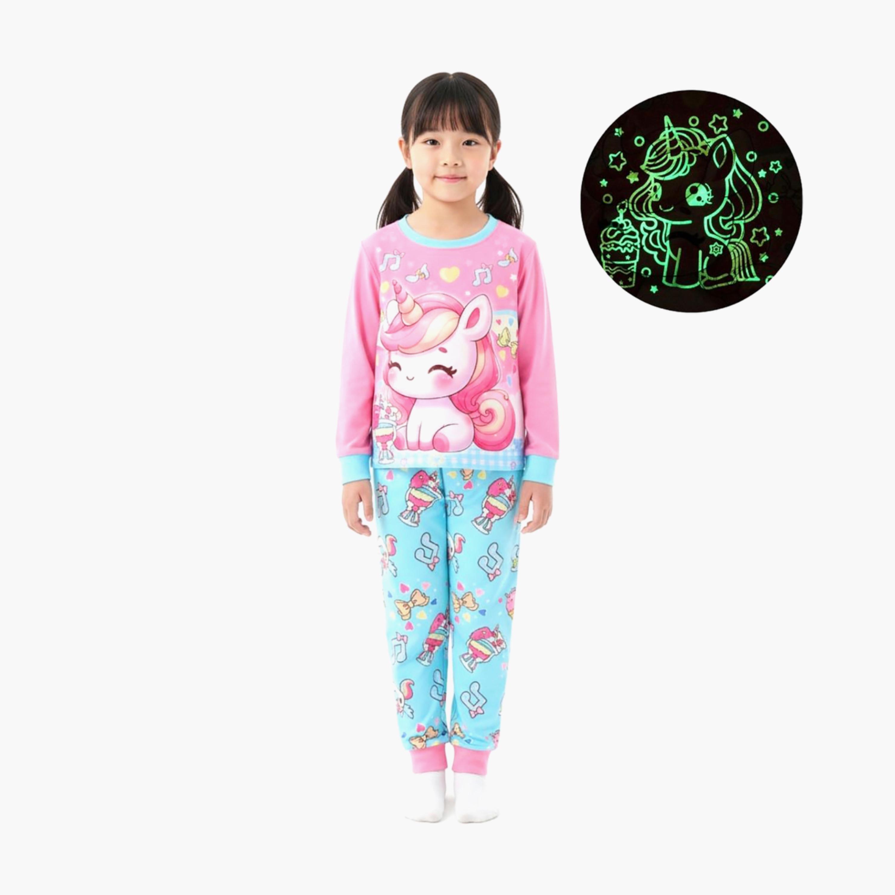 Babyqlo 2-Piece Unicorn Printed Glow in the Dark Pyjama Set-girls-clothing-setsandcoords-image-1