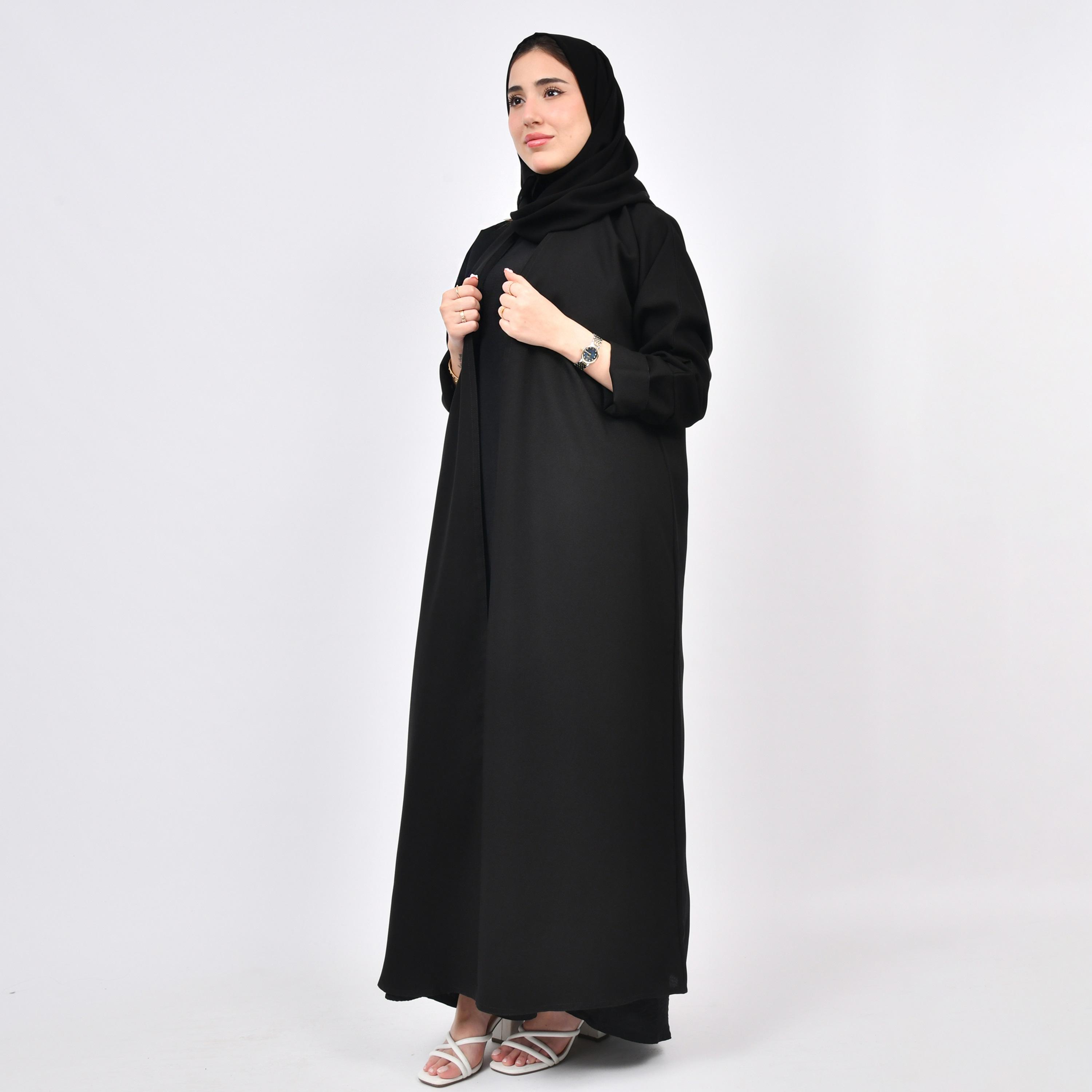 Outlet Black Double Cuff Sleeves Linen Women's Wrap Abaya with Hijab-women-arabicclothing-abayas-image-1