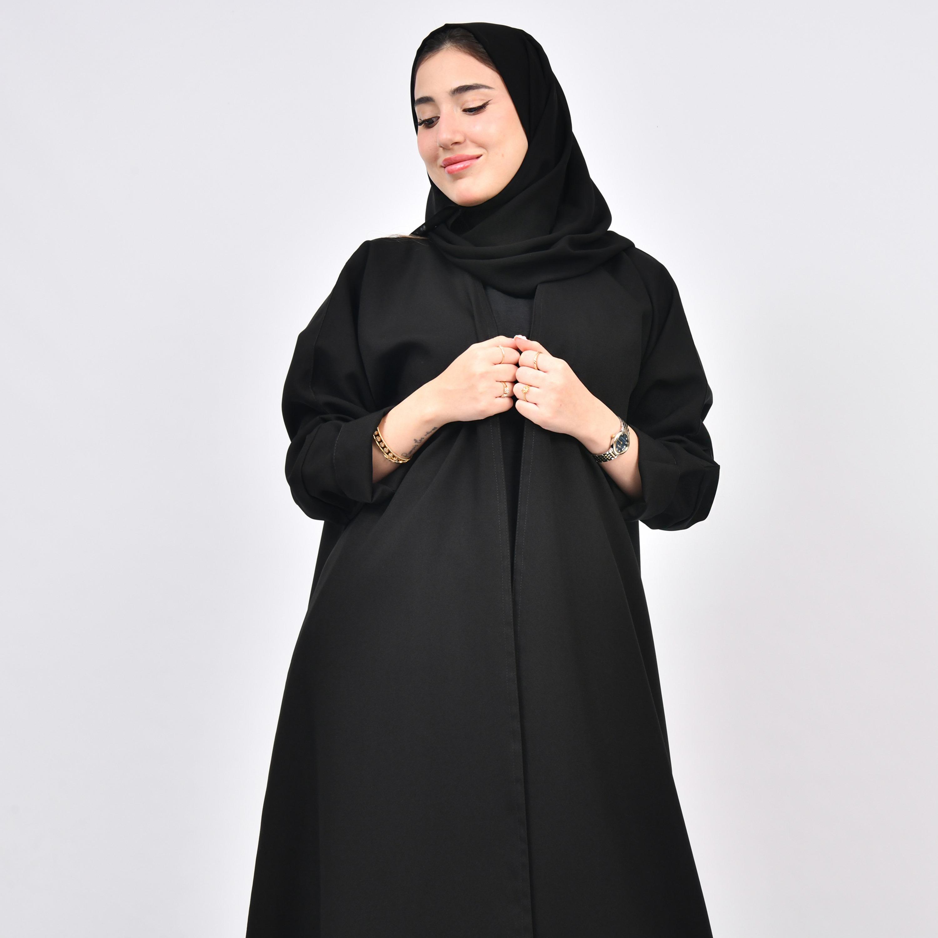 Outlet Black Double Cuff Sleeves Linen Women's Wrap Abaya with Hijab-women-arabicclothing-abayas-image-2