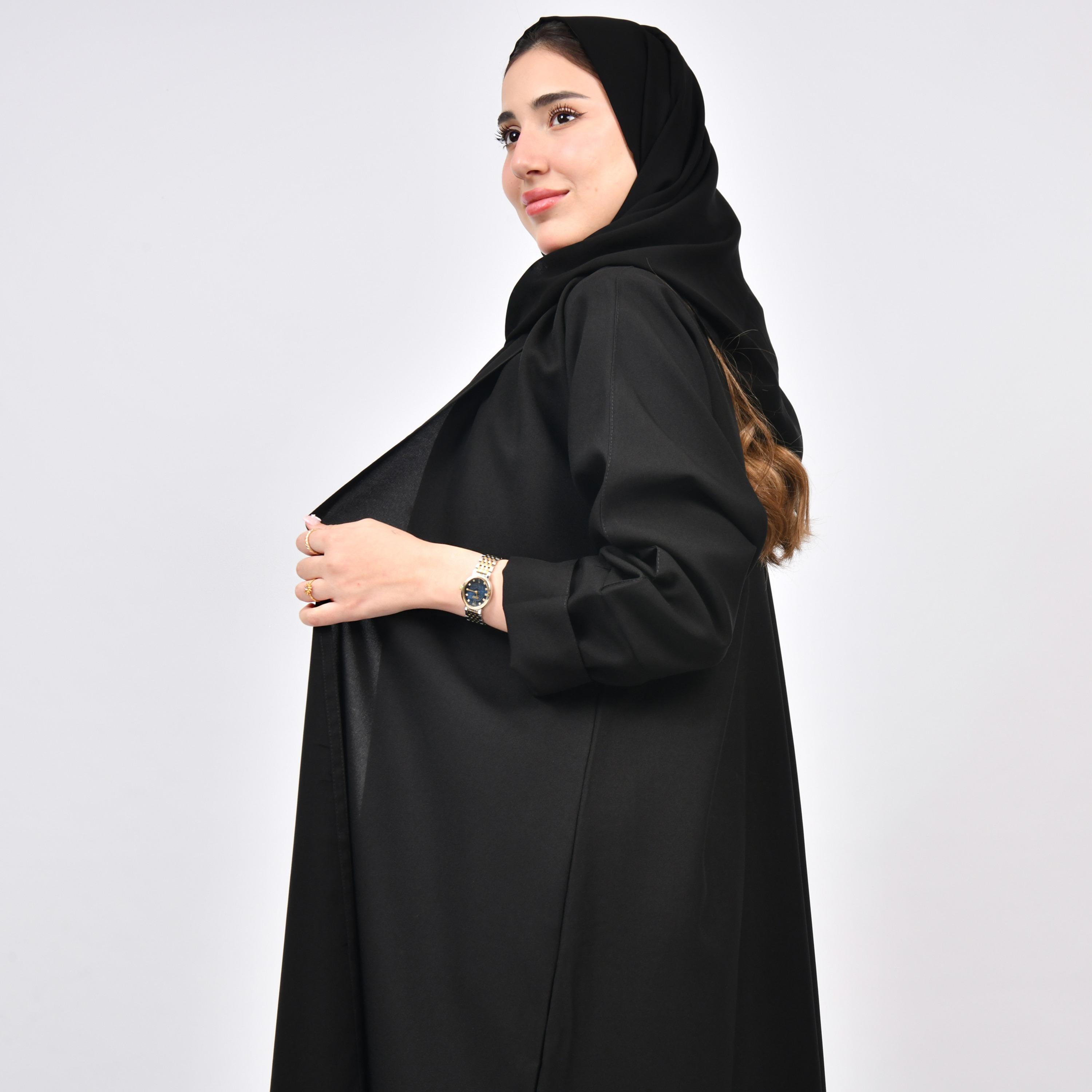 Outlet Black Double Cuff Sleeves Linen Women's Wrap Abaya with Hijab-women-arabicclothing-abayas-image-3