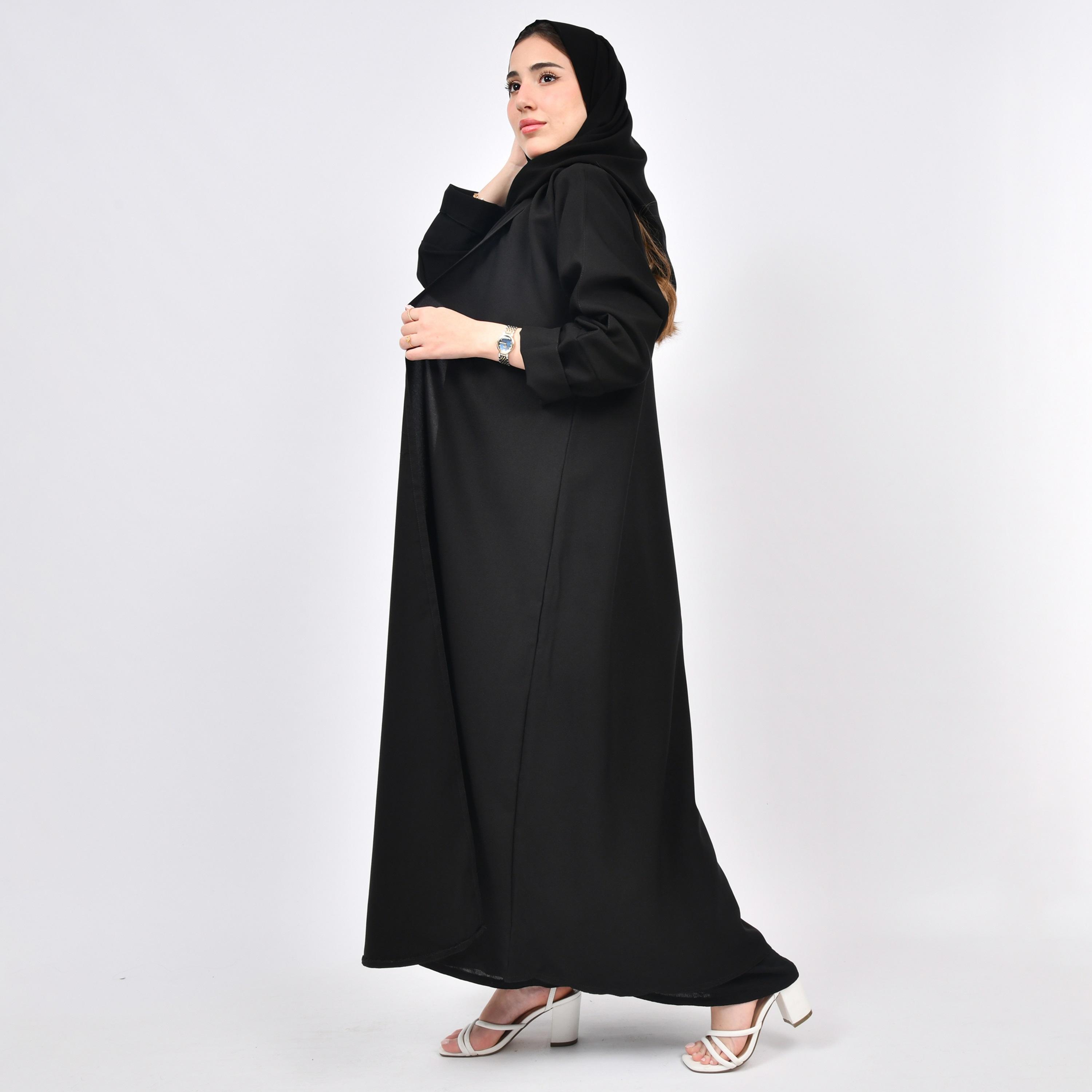 Outlet Black Double Cuff Sleeves Linen Women's Wrap Abaya with Hijab-women-arabicclothing-abayas-image-4