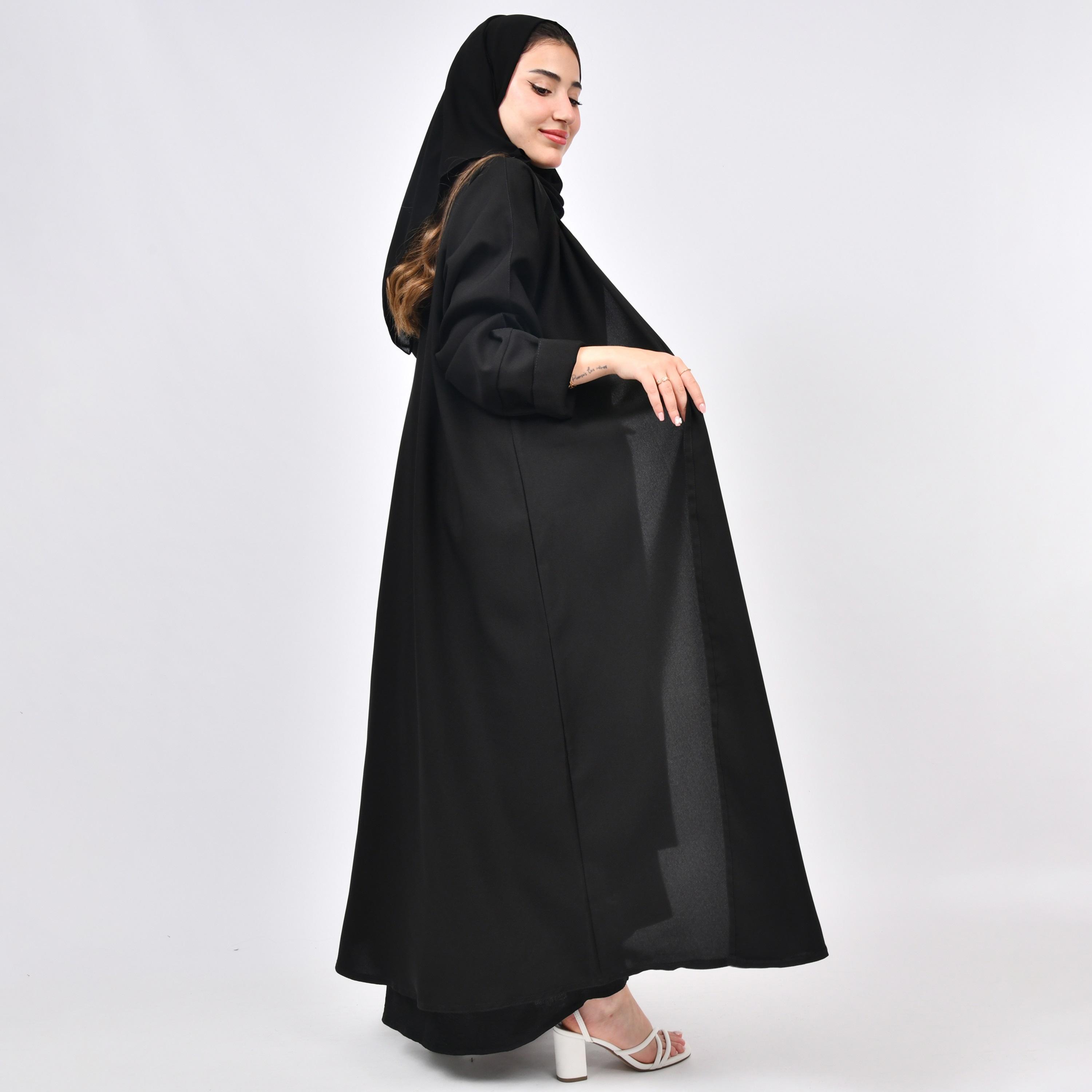 Outlet Black Double Cuff Sleeves Linen Women's Wrap Abaya with Hijab-women-arabicclothing-abayas-image-5