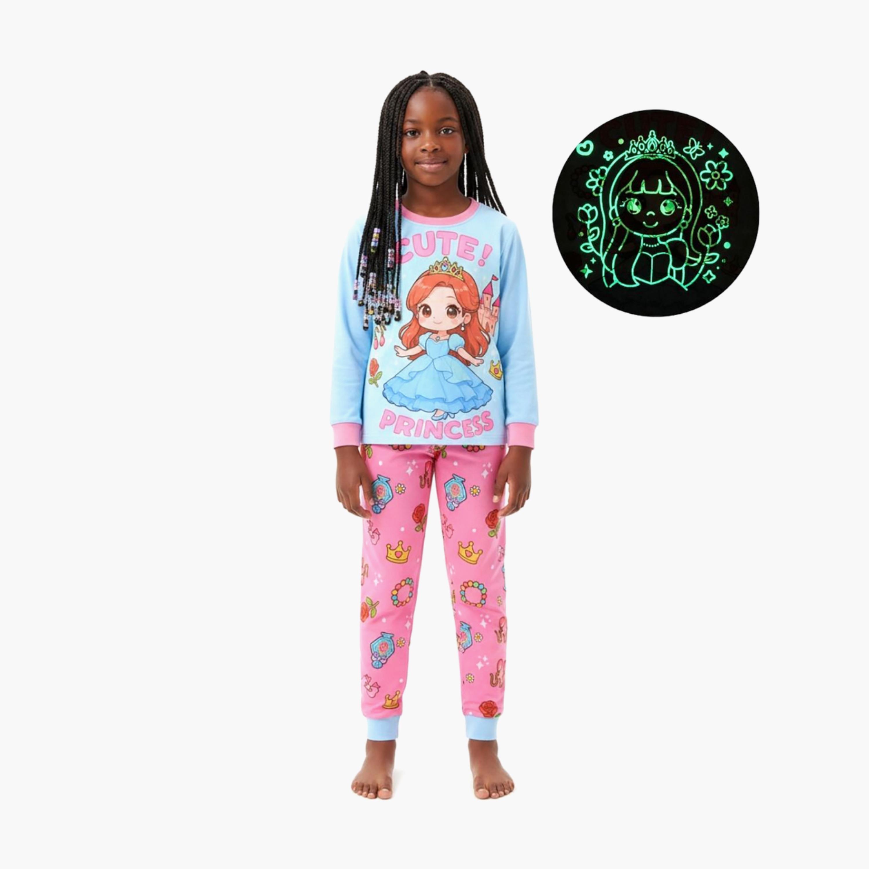 Babyqlo 2-Piece Princess Printed Glow in the Dark Pyjama Set-girls-clothing-setsandcoords-image-1
