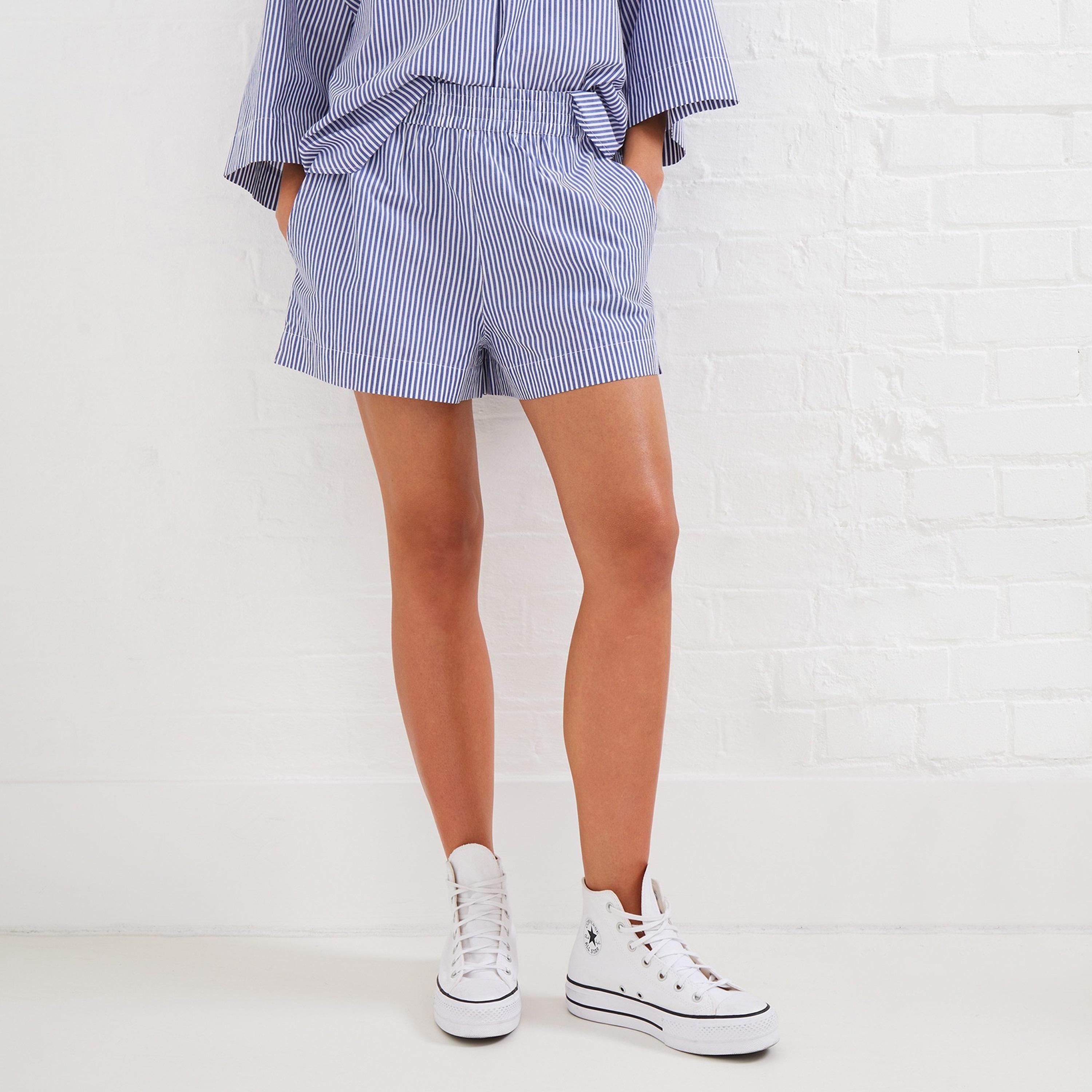 French Connection Blue Striped Cotton Cropped Women's Shorts-women-clothing-shorts-image-1