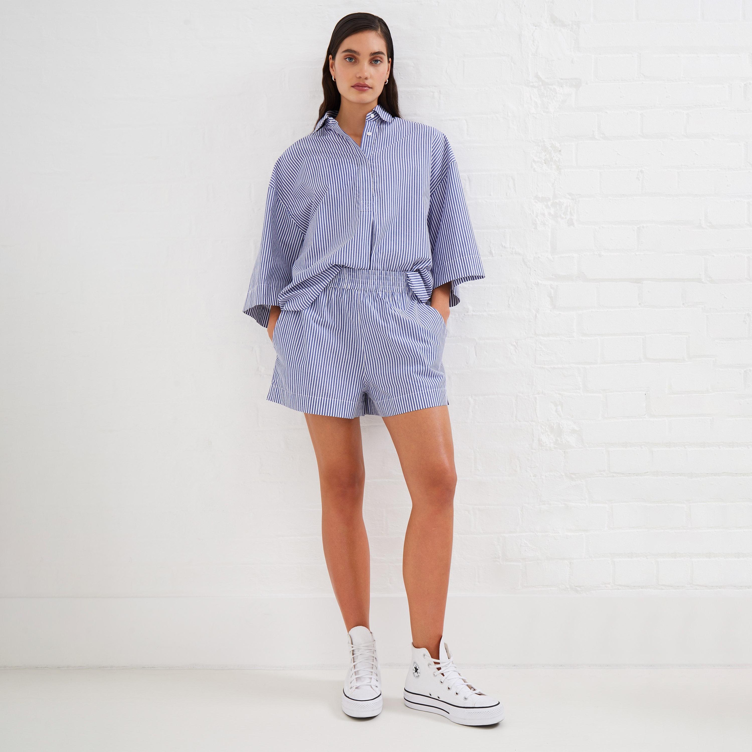French Connection Blue Striped Cotton Cropped Women's Shorts-women-clothing-shorts-image-2