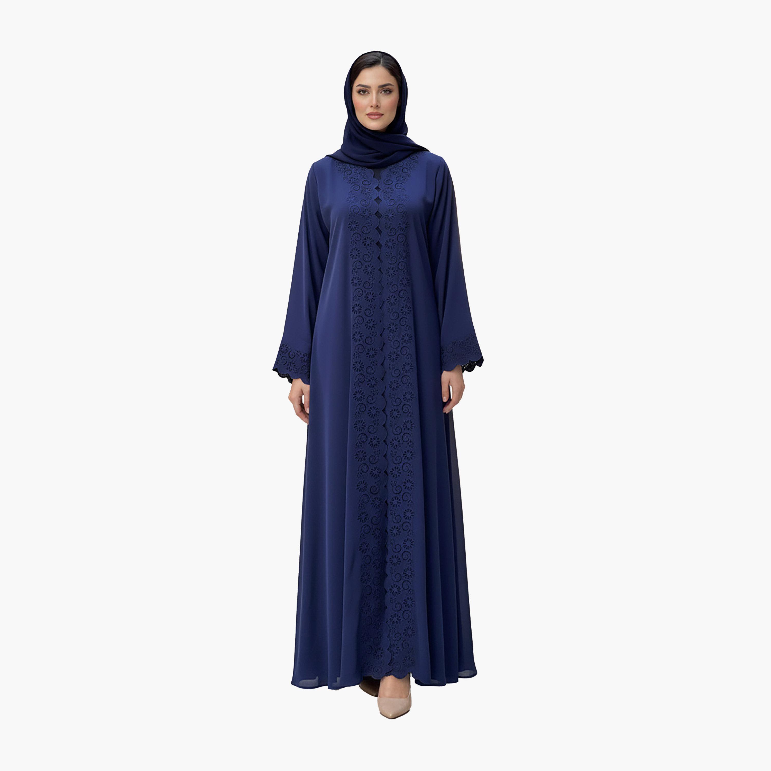 Nukhbaa Blue Laser Cut Detailed Scalloped Nida Women's Evening Abaya with Hijab-women-arabicclothing-abayas-image-1