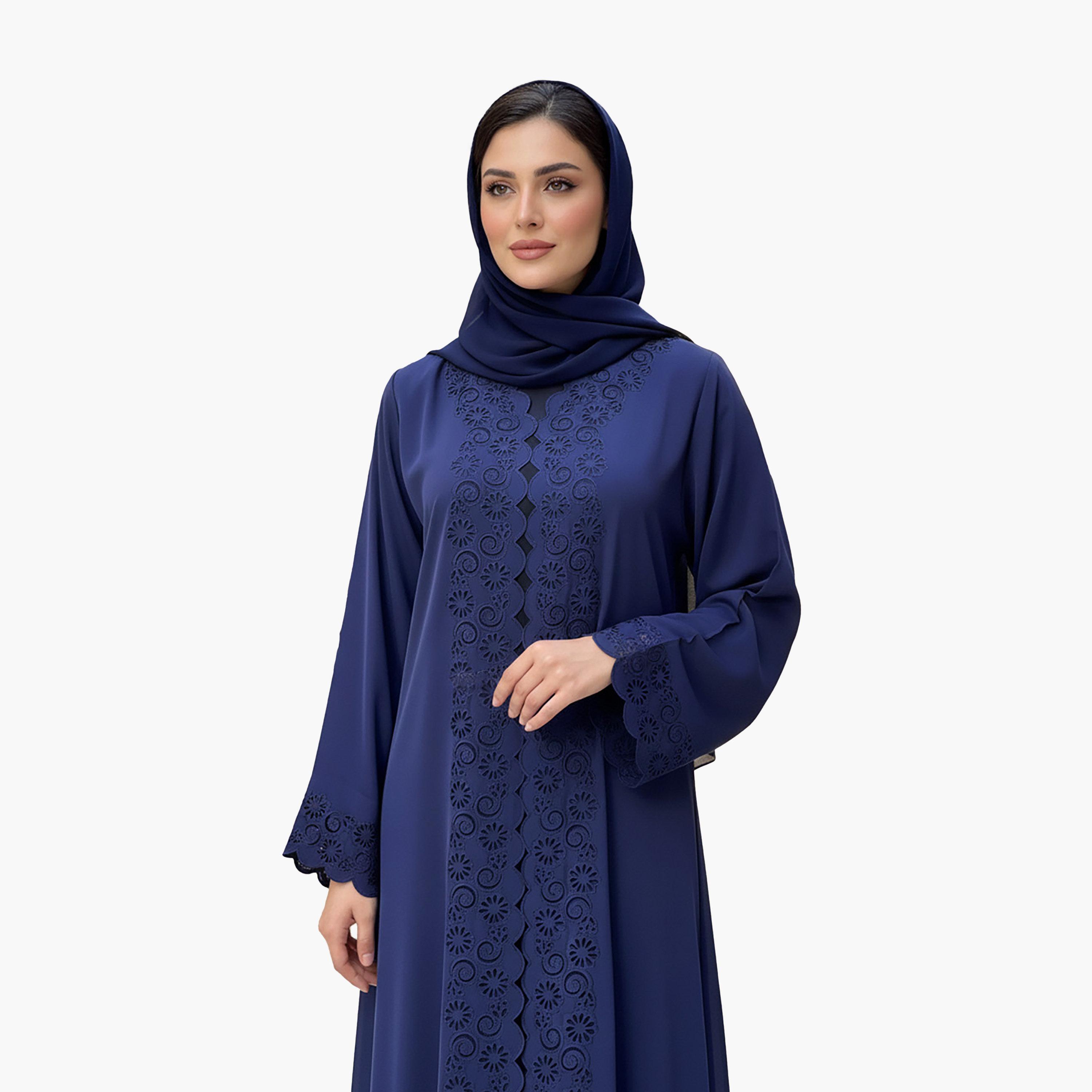 Nukhbaa Blue Laser Cut Detailed Scalloped Nida Women's Evening Abaya with Hijab-women-arabicclothing-abayas-image-2