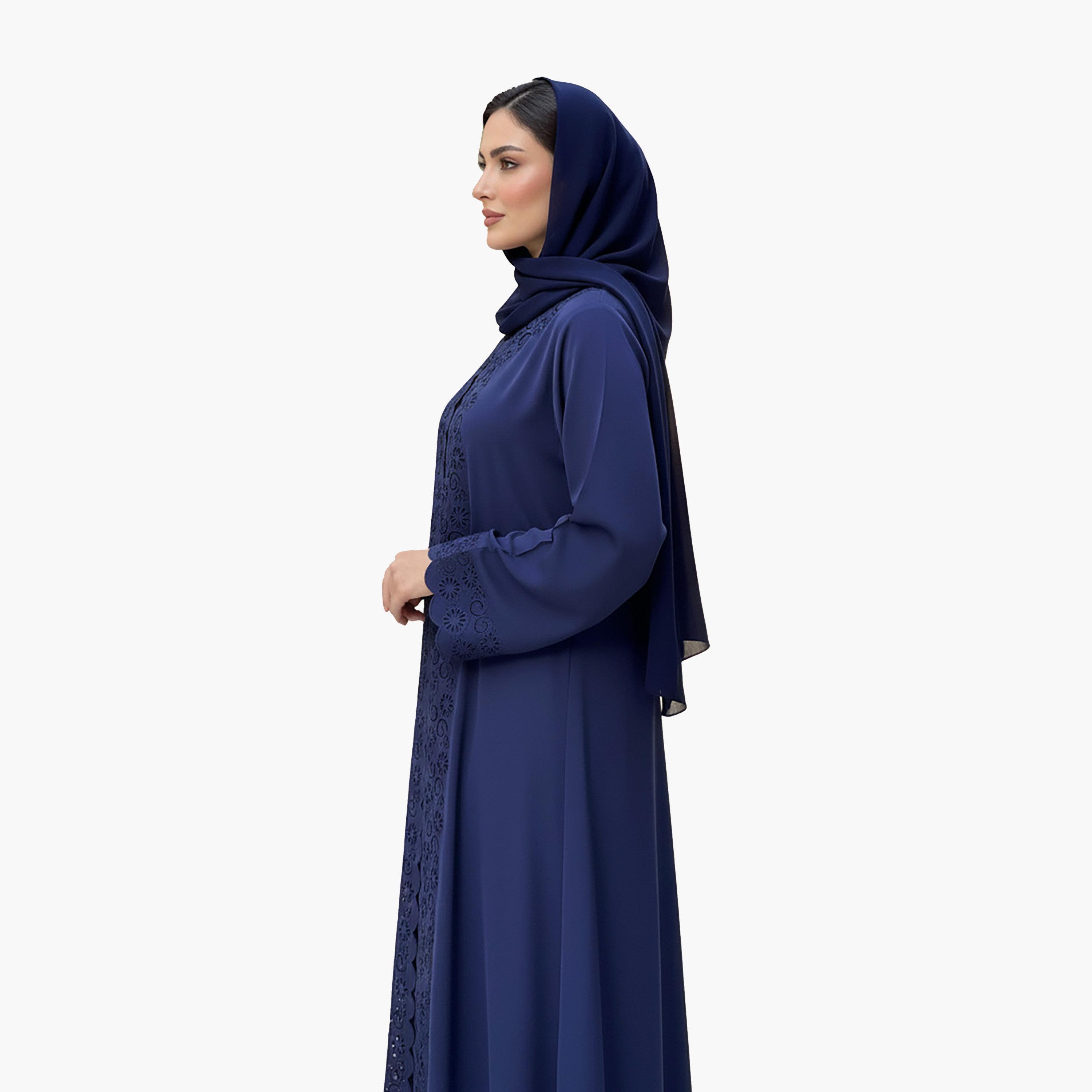 Nukhbaa Blue Laser Cut Detailed Scalloped Nida Women's Evening Abaya with Hijab-women-arabicclothing-abayas-image-3