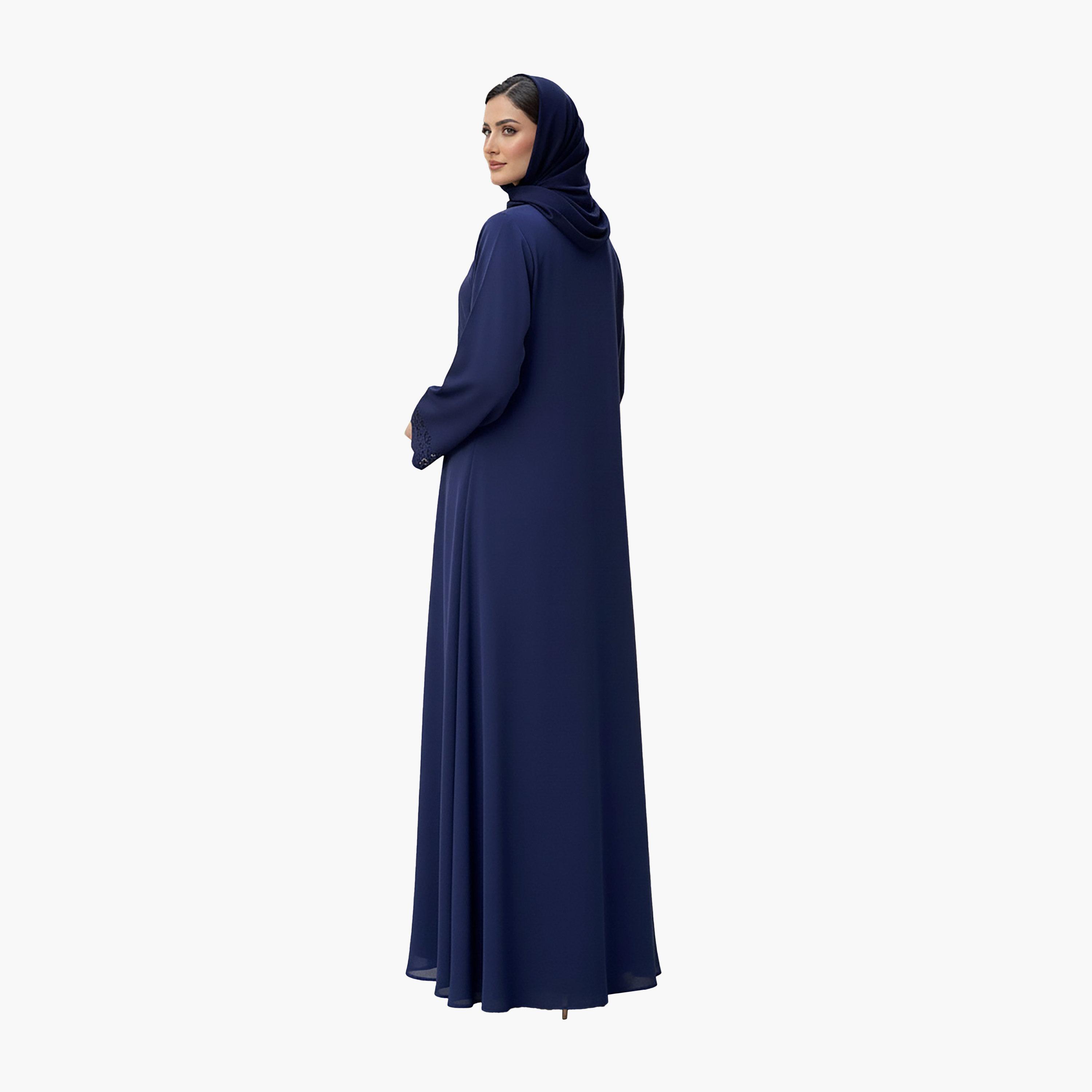 Nukhbaa Blue Laser Cut Detailed Scalloped Nida Women's Evening Abaya with Hijab-women-arabicclothing-abayas-image-4