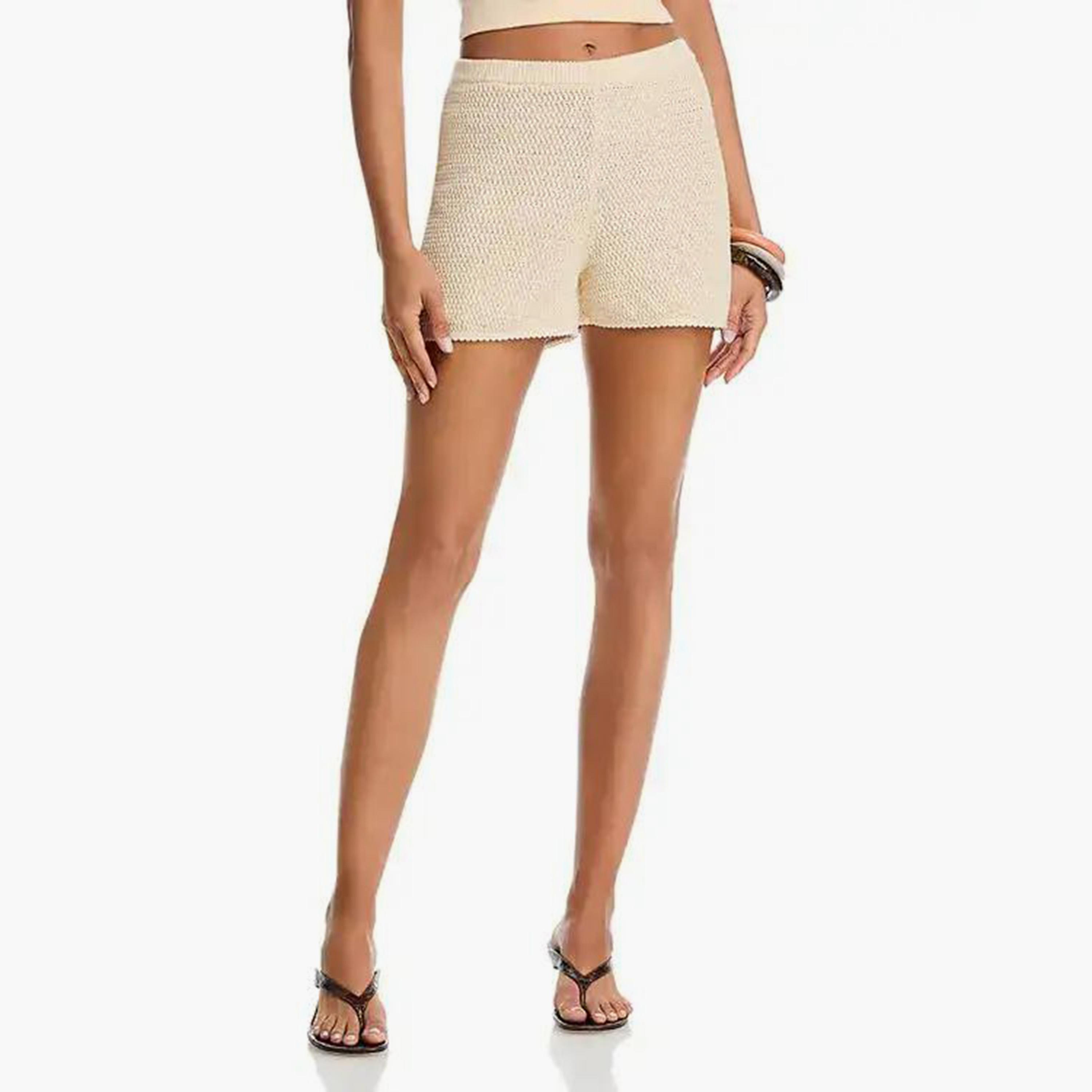 شورت نسائي قطن كروشيه بقماش بارز لون كريمي من فرينش كونكشن-women-clothing-bottoms-shorts-image-1