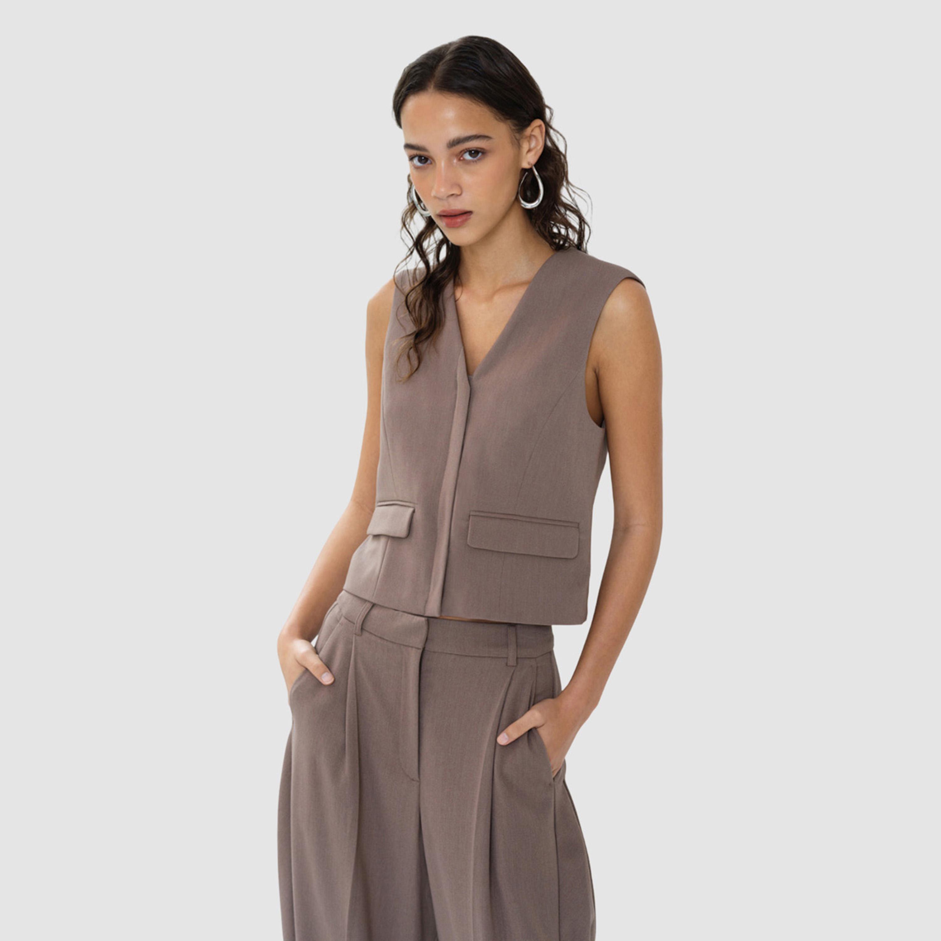صديرية "واست كوت" نسائية لون بني من فرينش كونكشن-women-winterwear-coatsandjackets-waistcoats-image-1