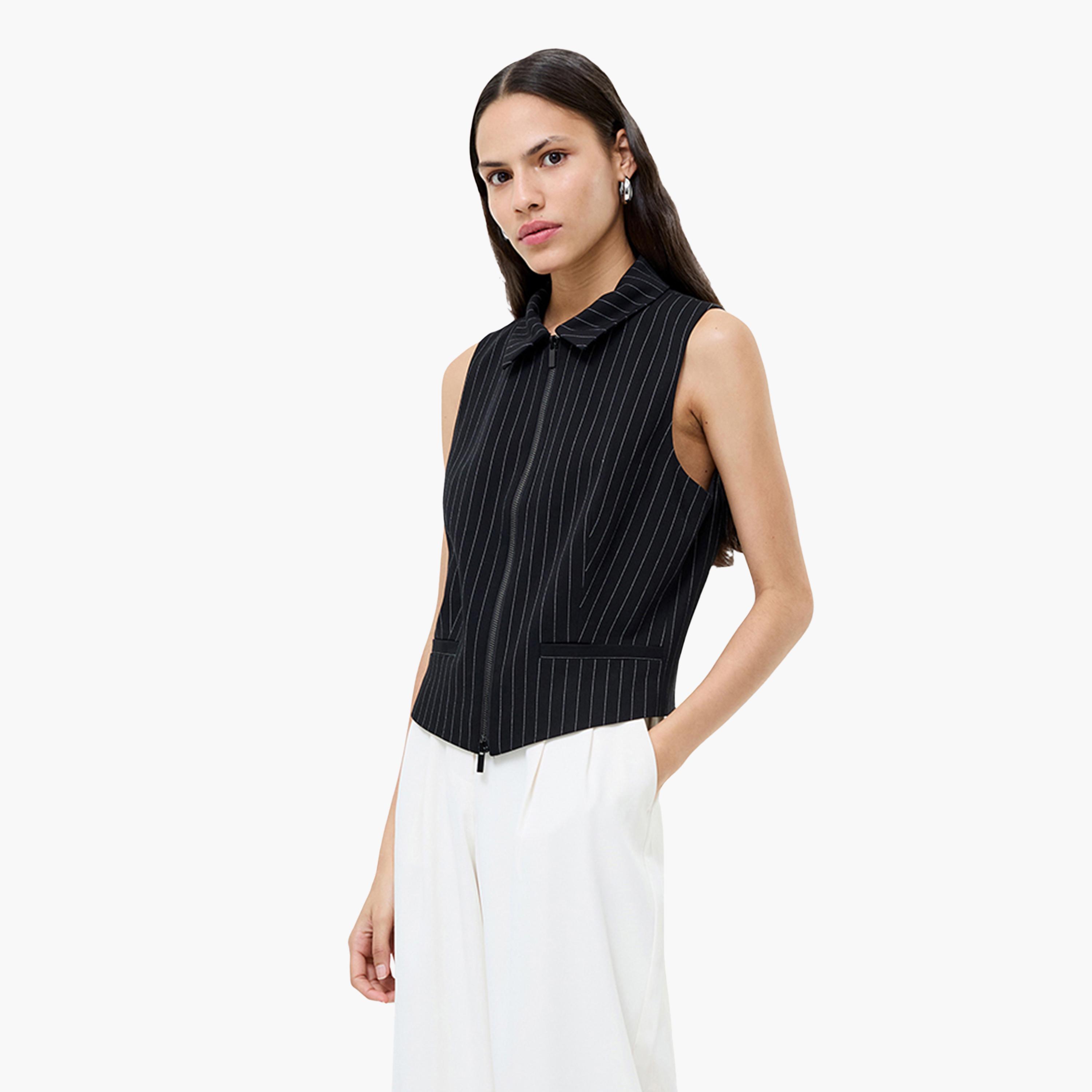 French Connection Black Striped Collared Women's Waistcoat-women-winterwear-coatsandjackets-waistcoats-image-1