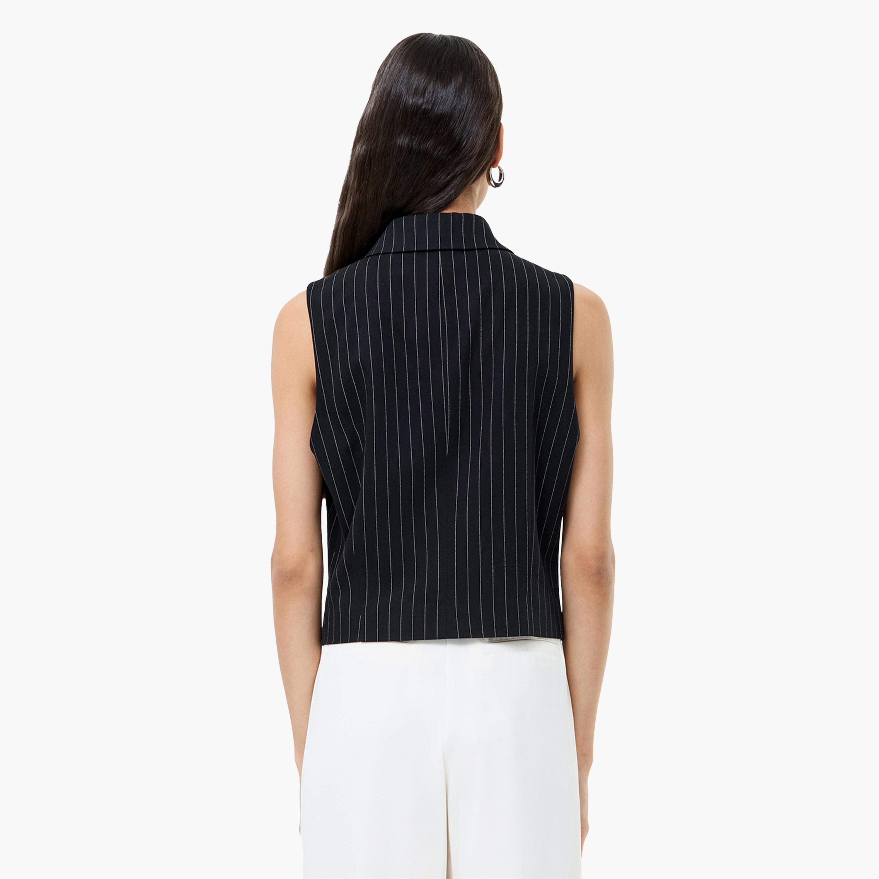 French Connection Black Striped Collared Women's Waistcoat-women-winterwear-coatsandjackets-waistcoats-image-3