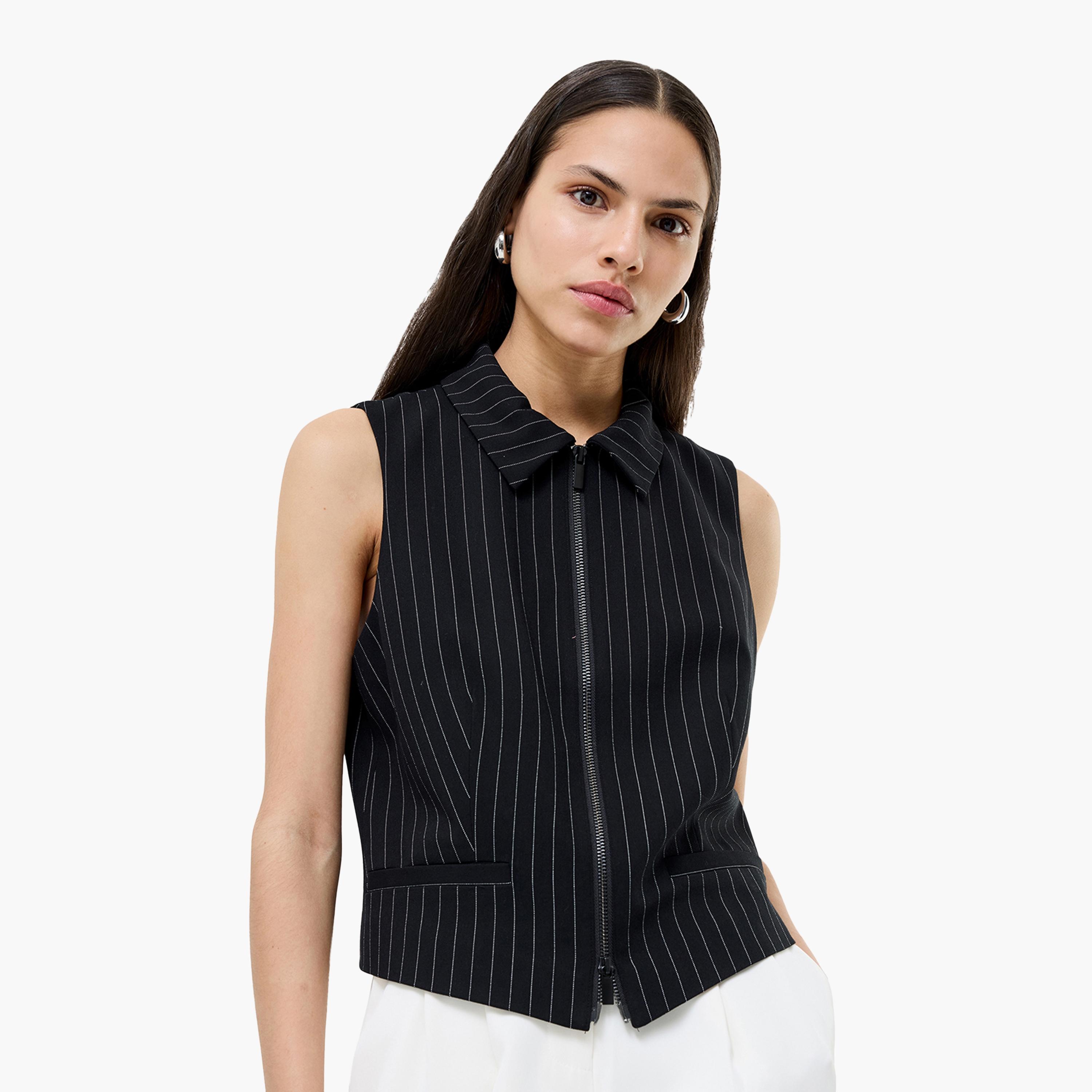 French Connection Black Striped Collared Women's Waistcoat-women-winterwear-coatsandjackets-waistcoats-image-4