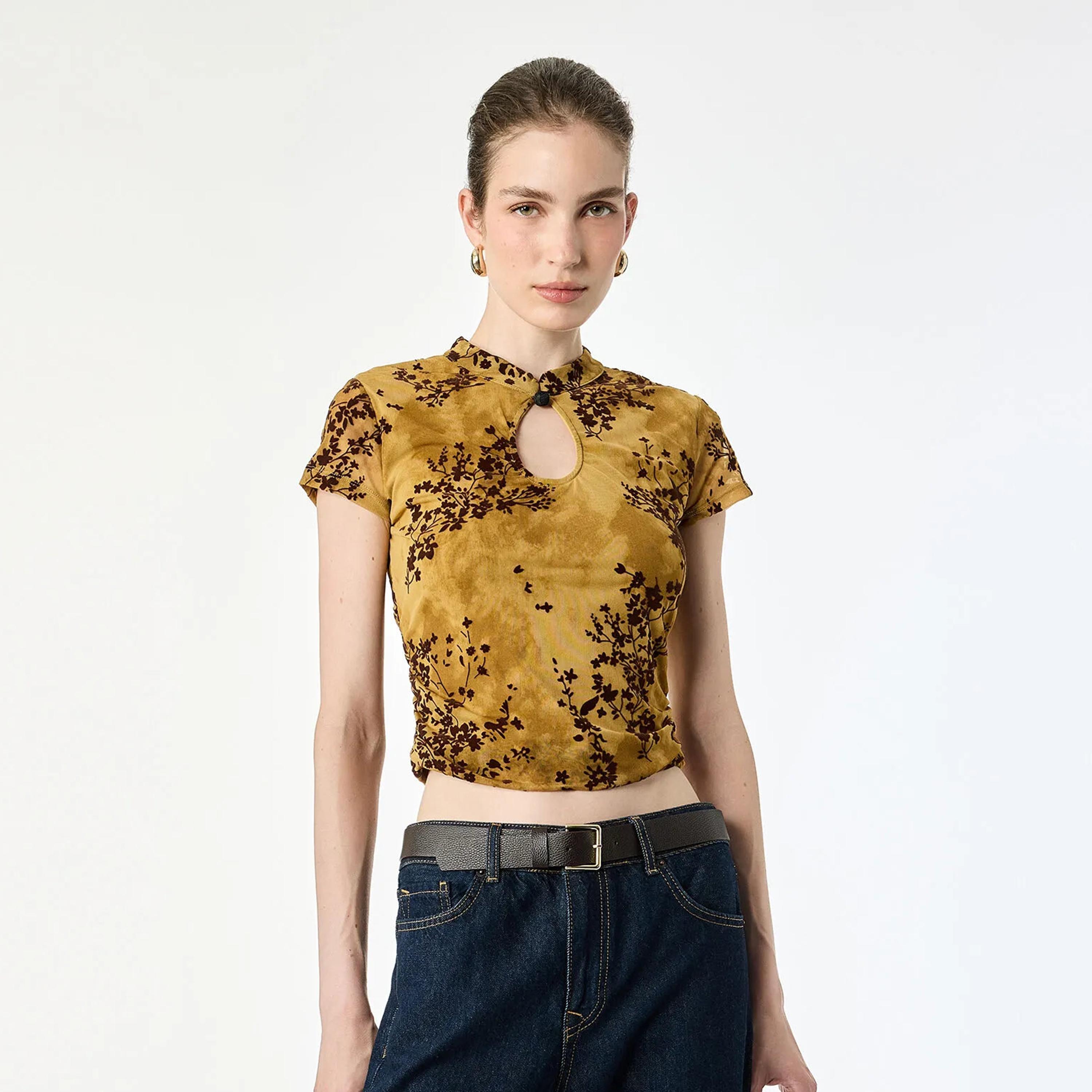 KOTON Gold Floral Mandarin Collar Women's Top-women-clothing-shirtsandblouses-blouses-image-1