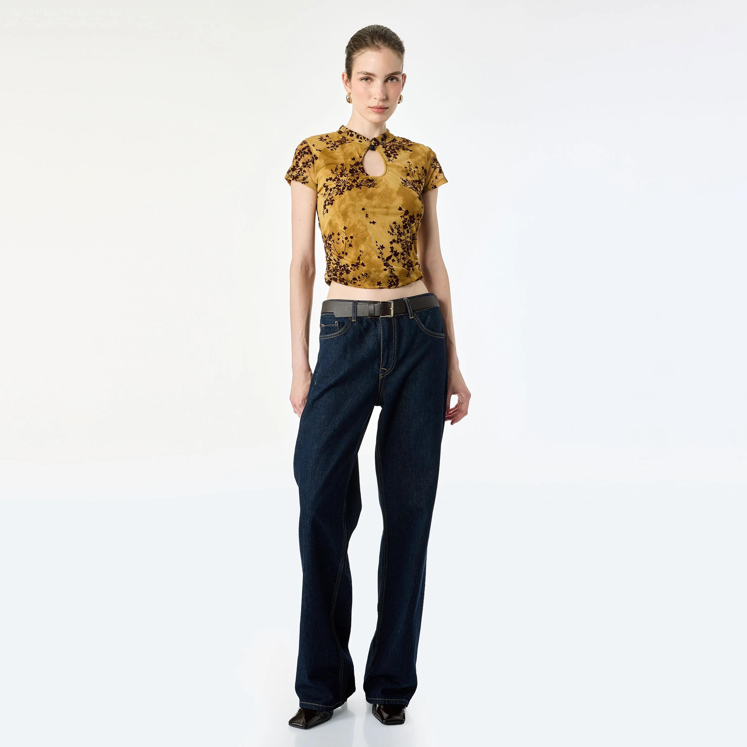 KOTON Gold Floral Mandarin Collar Women's Top-women-clothing-shirtsandblouses-blouses-image-2