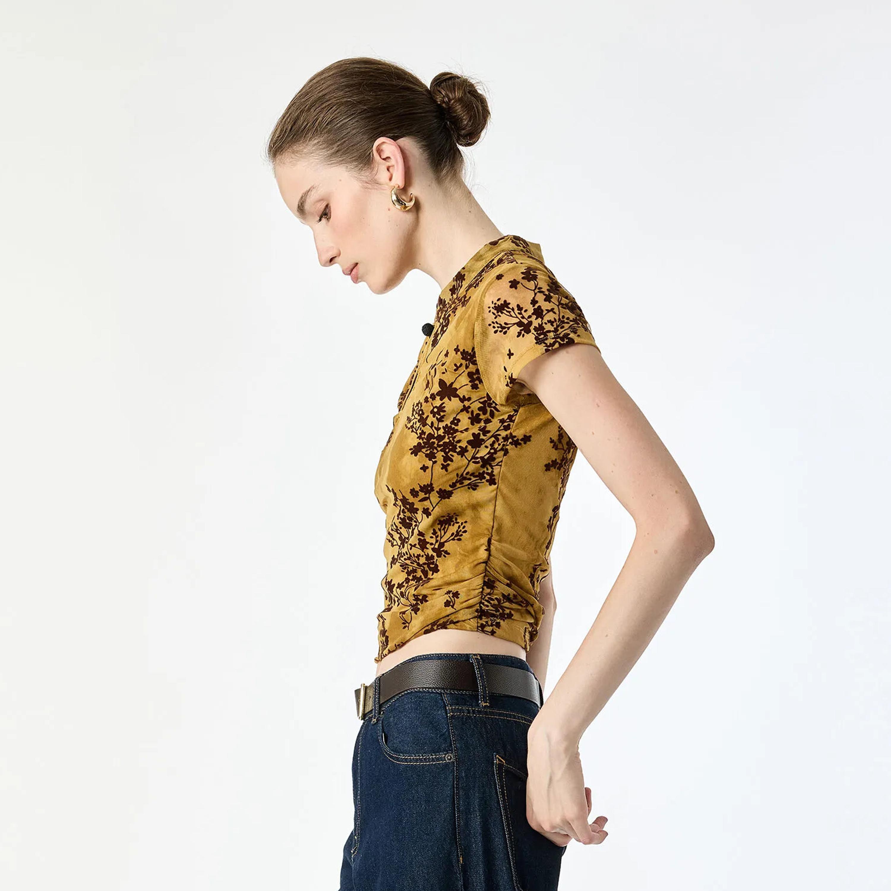 KOTON Gold Floral Mandarin Collar Women's Top-women-clothing-shirtsandblouses-blouses-image-3