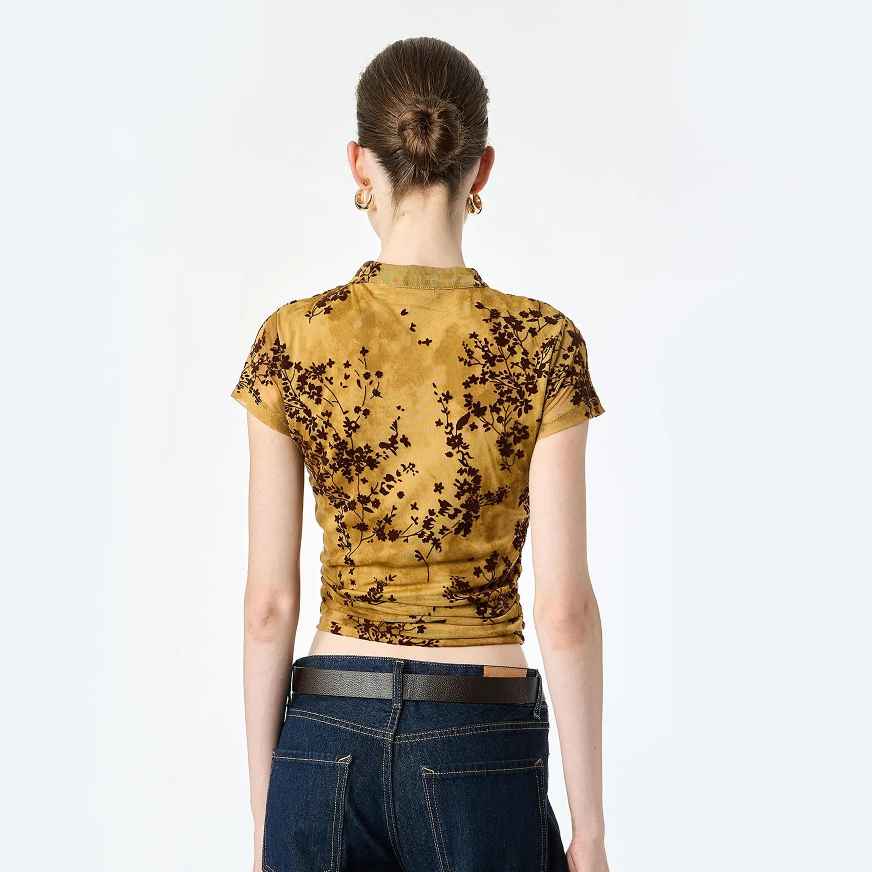 KOTON Gold Floral Mandarin Collar Women's Top-women-clothing-shirtsandblouses-blouses-image-4