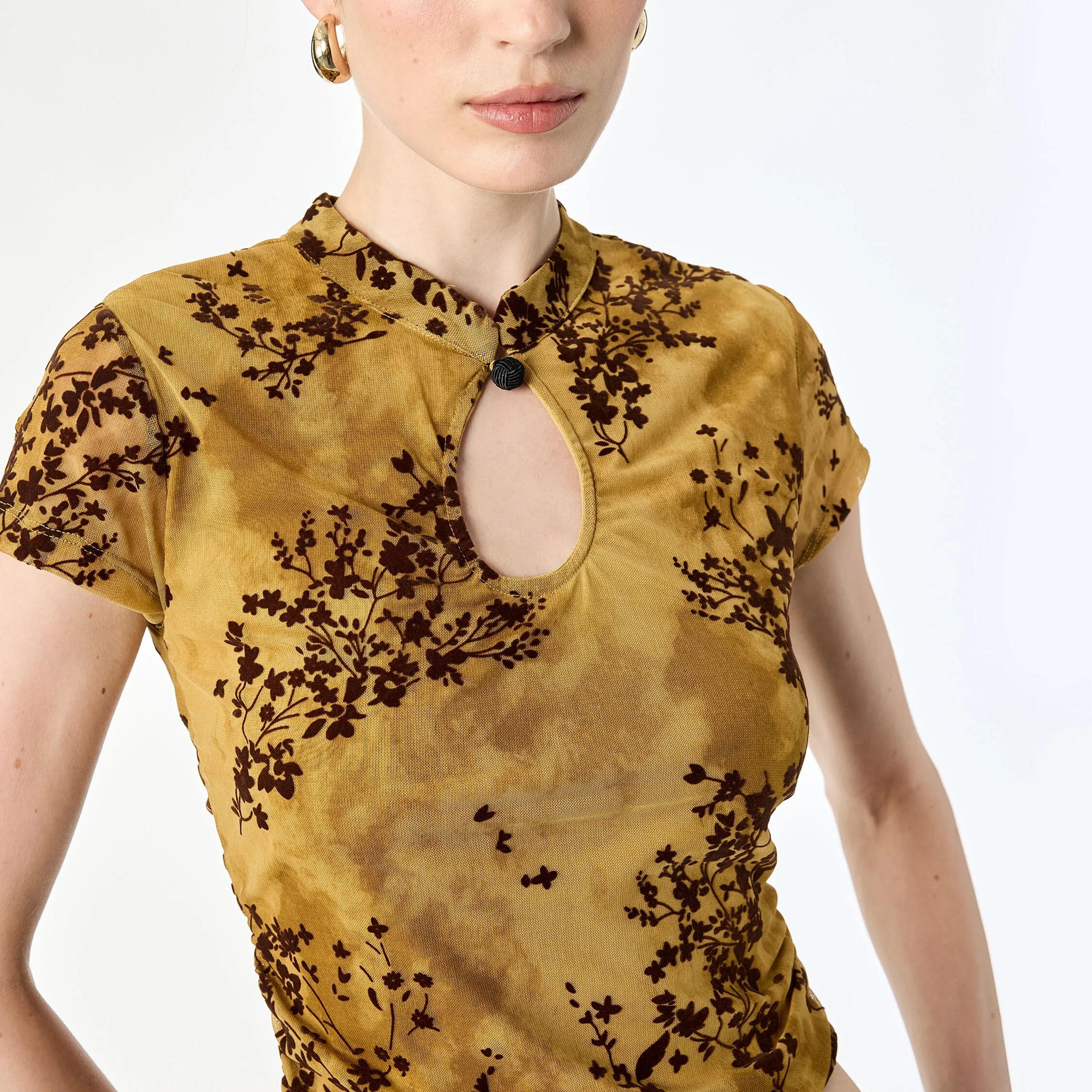 KOTON Gold Floral Mandarin Collar Women's Top-women-clothing-shirtsandblouses-blouses-image-5