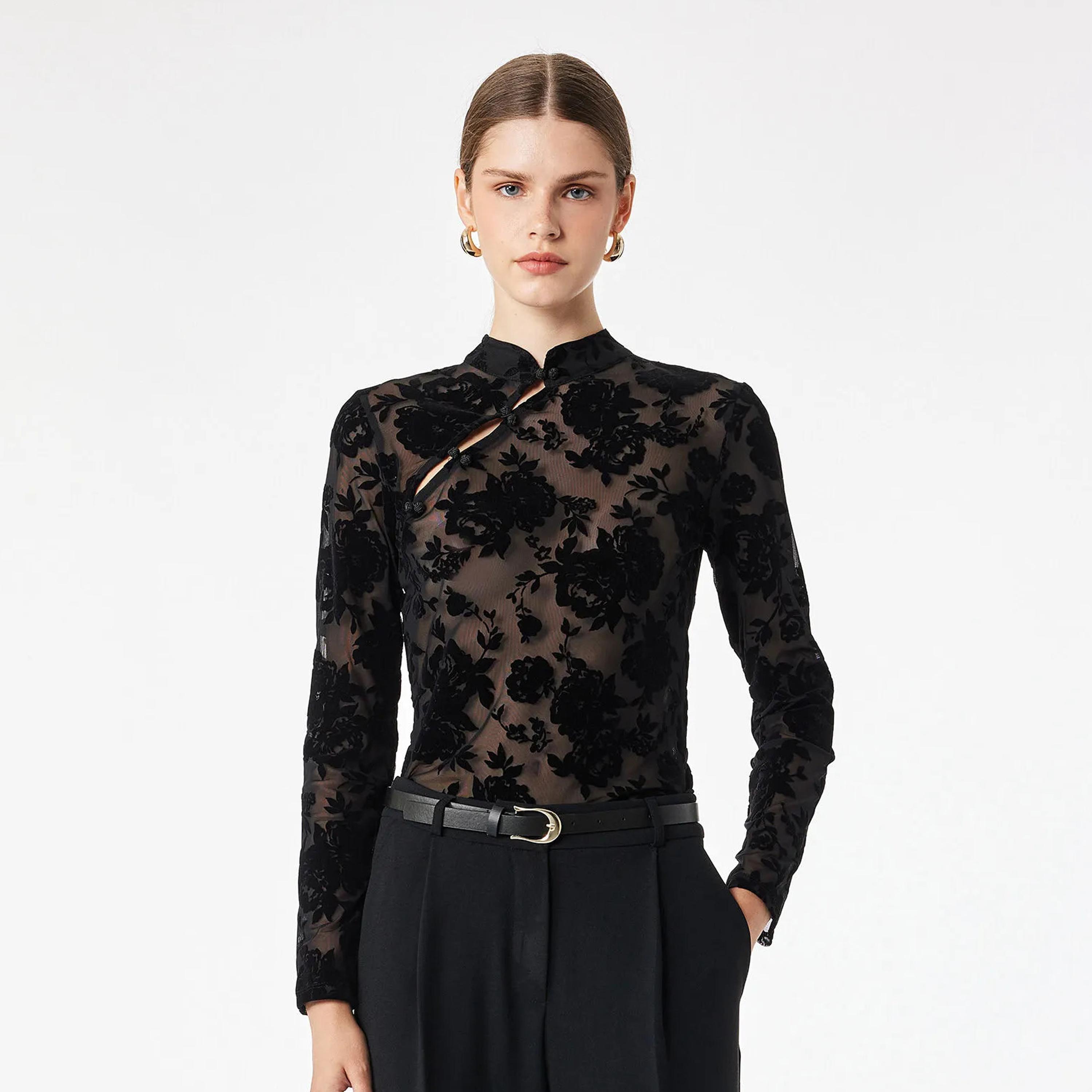 KOTON Black Floral Mandarin Collar Women's Top-women-clothing-shirtsandblouses-blouses-image-1