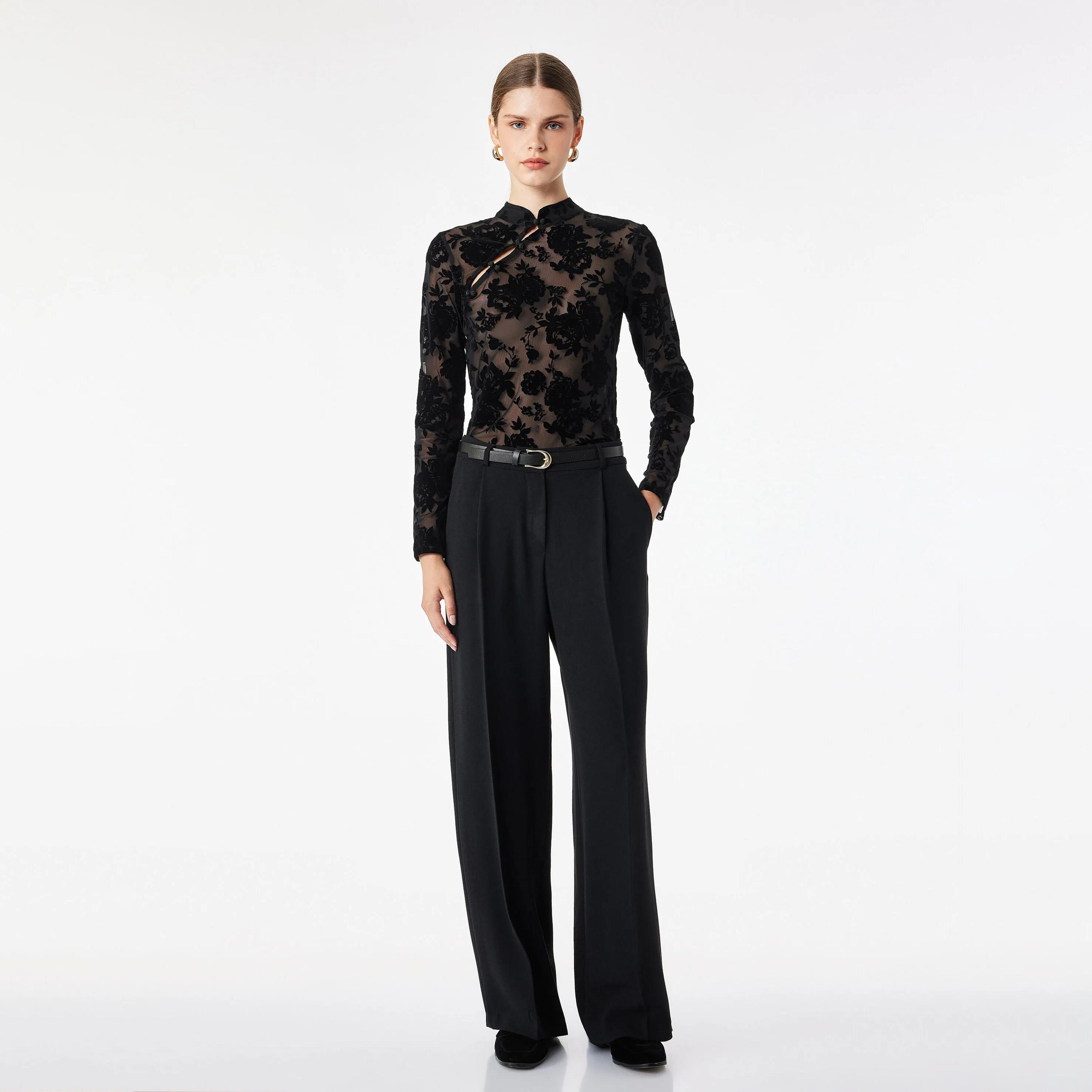 KOTON Black Floral Mandarin Collar Women's Top-women-clothing-shirtsandblouses-blouses-image-2