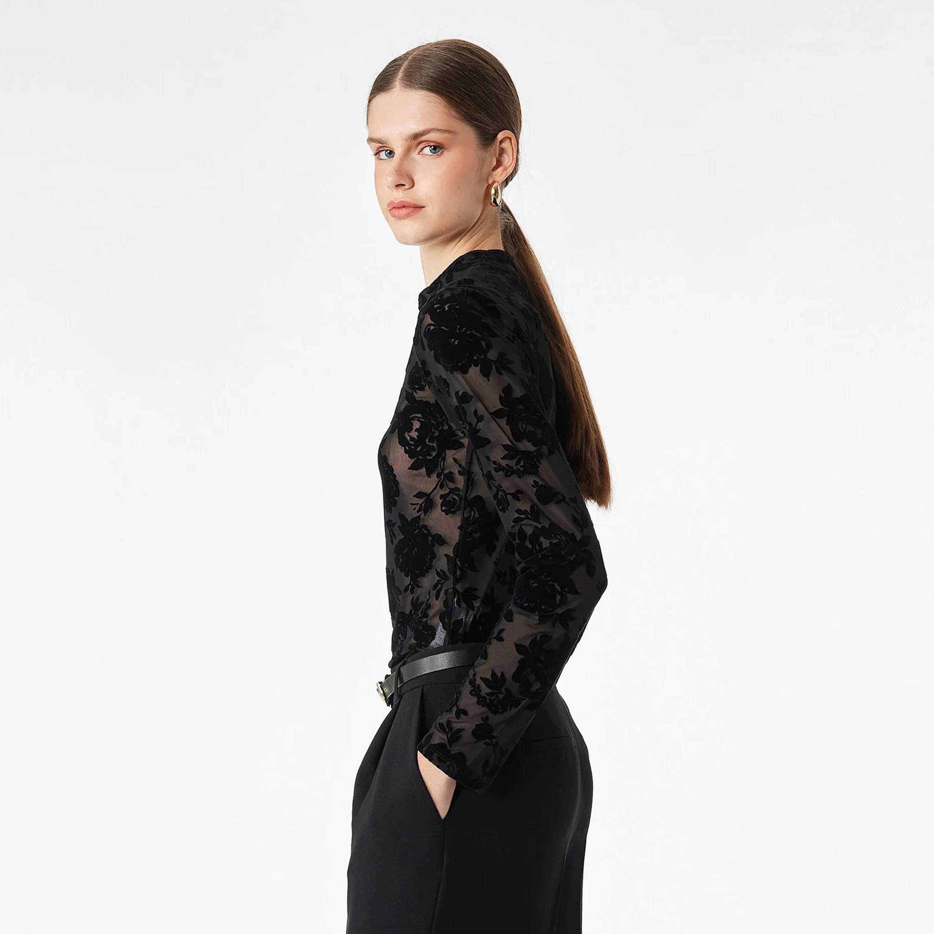 KOTON Black Floral Mandarin Collar Women's Top-women-clothing-shirtsandblouses-blouses-image-3
