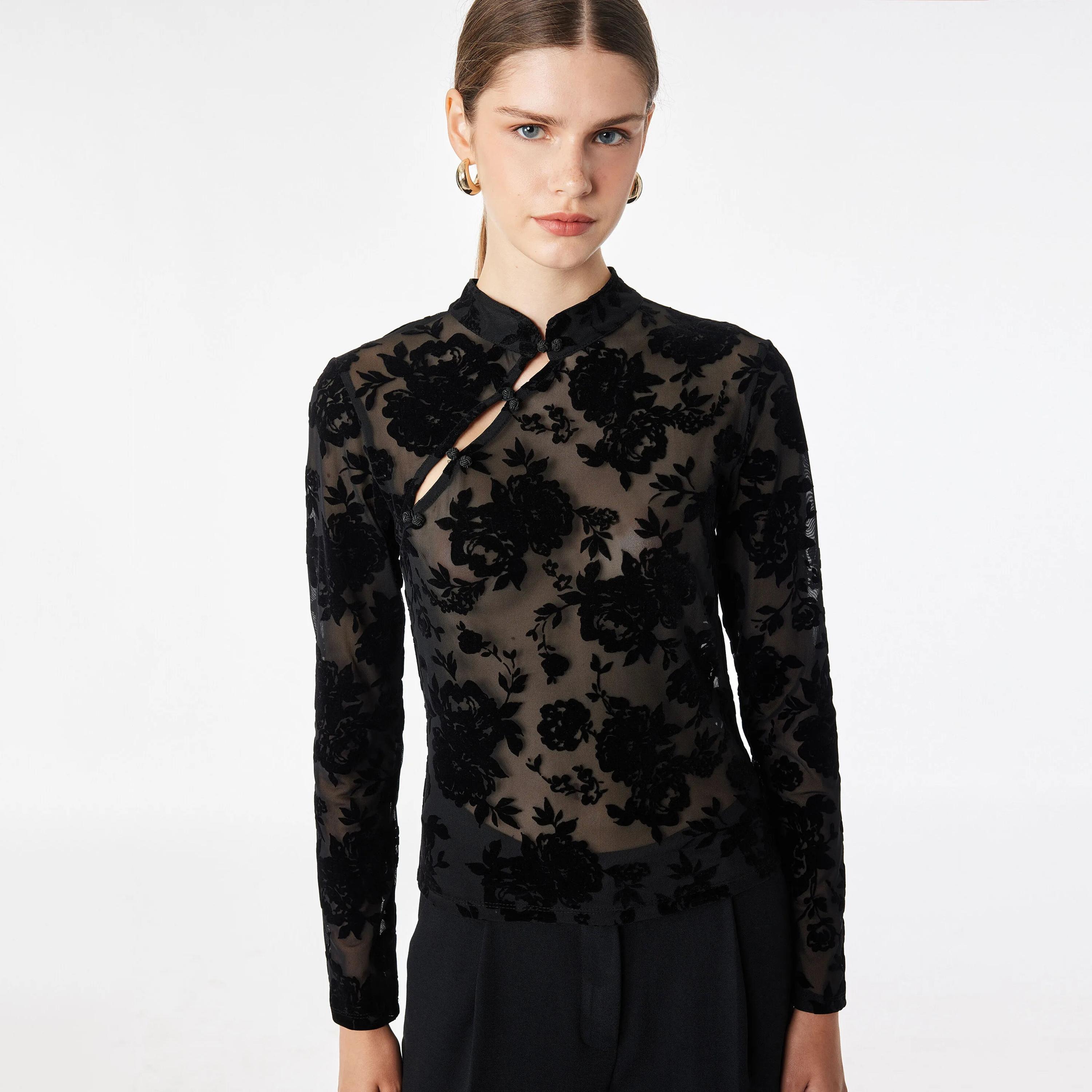 KOTON Black Floral Mandarin Collar Women's Top-women-clothing-shirtsandblouses-blouses-image-5