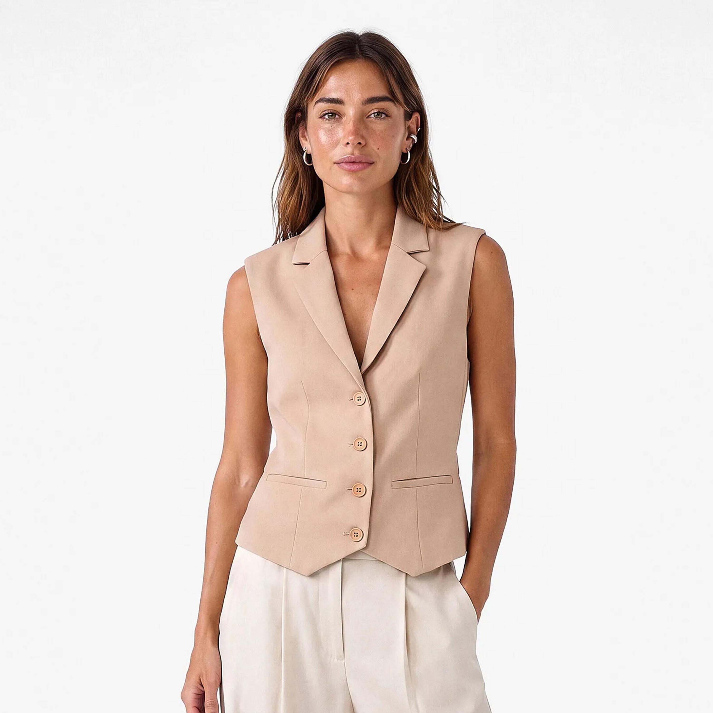 KOTON Beige Lapel Collar Women's Waistcoat-women-winterwear-coatsandjackets-waistcoats-image-1