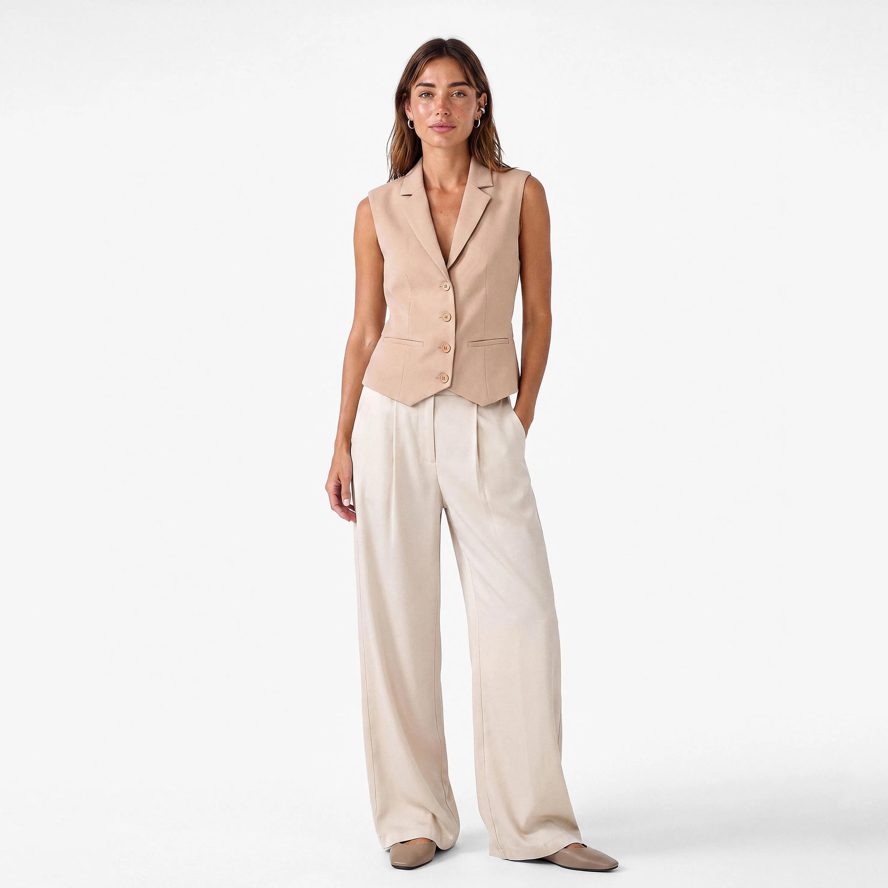 KOTON Beige Lapel Collar Women's Waistcoat-women-winterwear-coatsandjackets-waistcoats-image-2