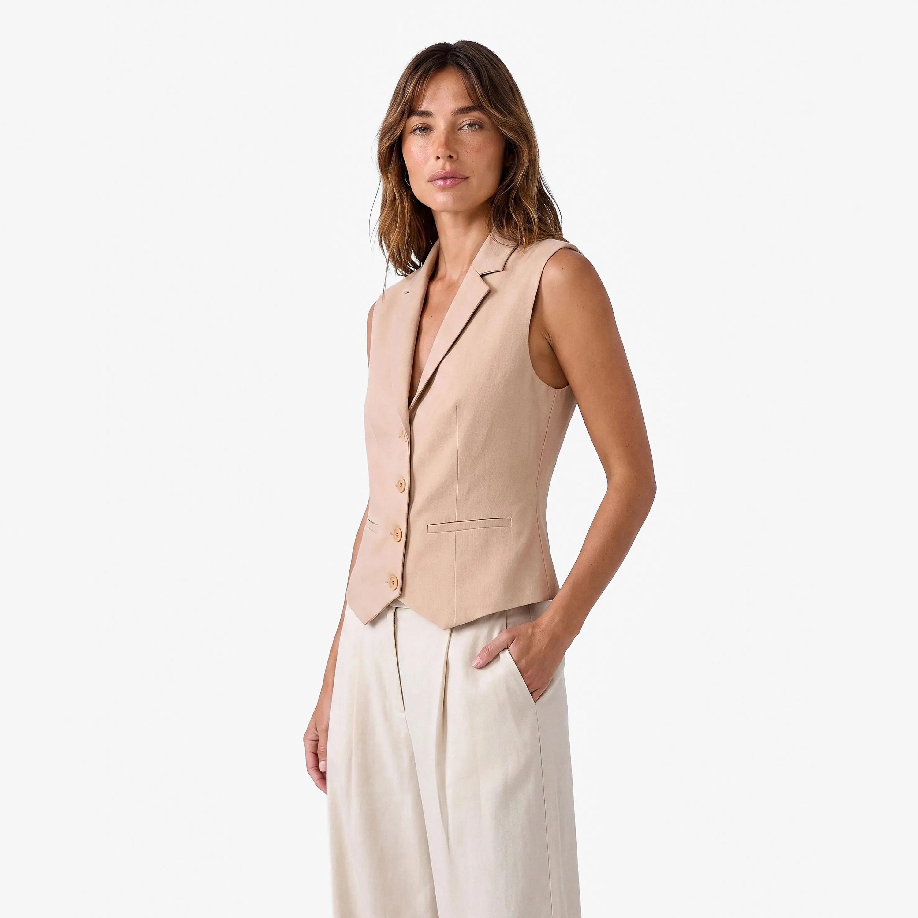 KOTON Beige Lapel Collar Women's Waistcoat-women-winterwear-coatsandjackets-waistcoats-image-3