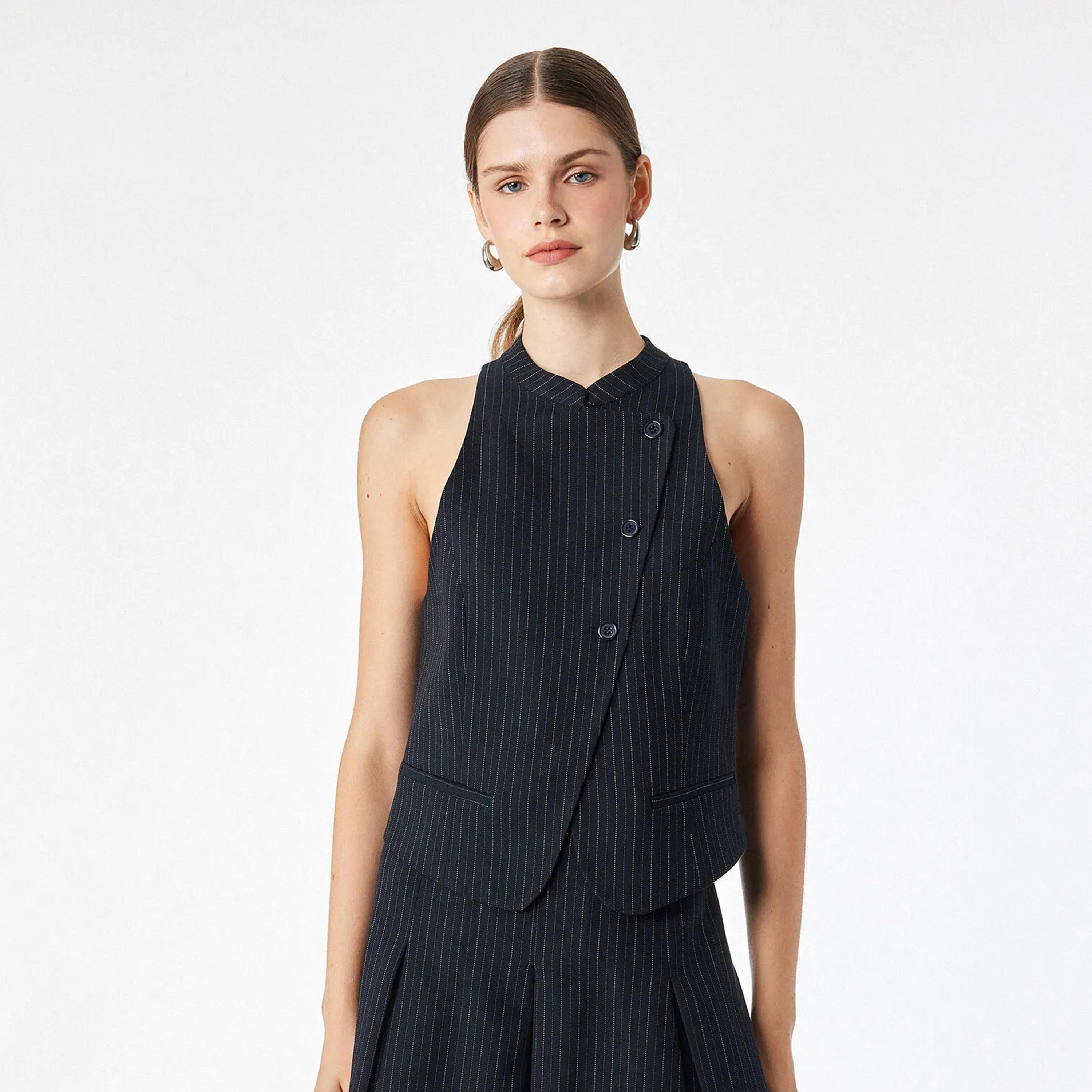 KOTON Navy Striped Mandarin Collar Women's Wrap Vest Top-women-clothing-shirtsandblouses-blouses-image-1