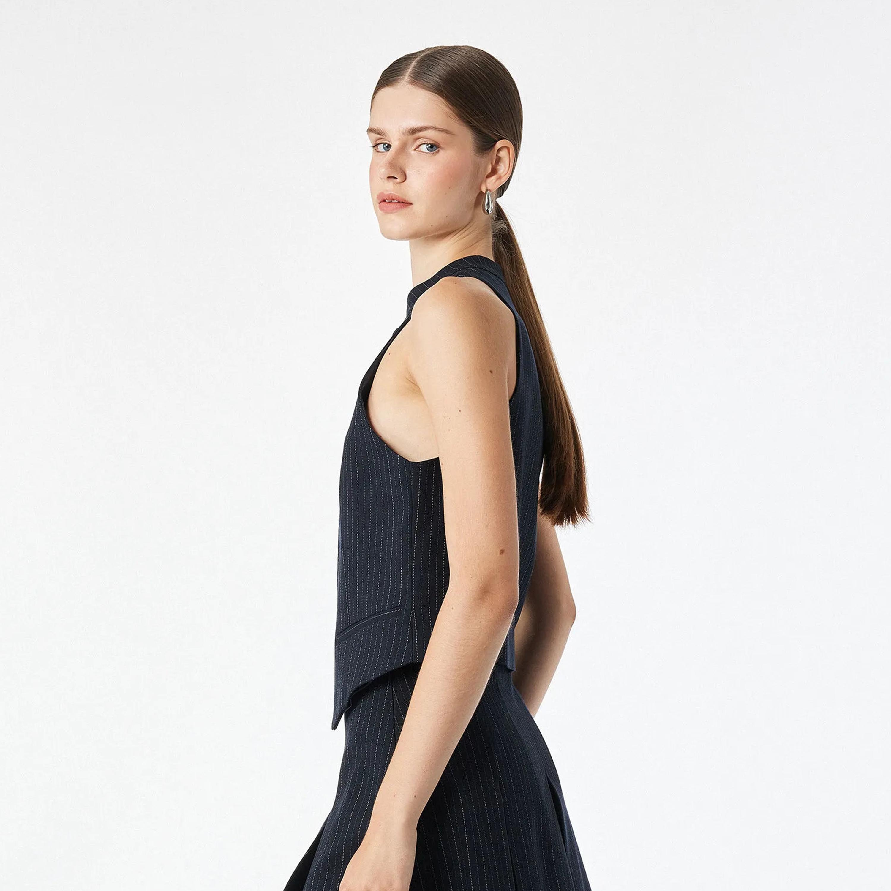 KOTON Navy Striped Mandarin Collar Women's Wrap Vest Top-women-clothing-shirtsandblouses-blouses-image-3