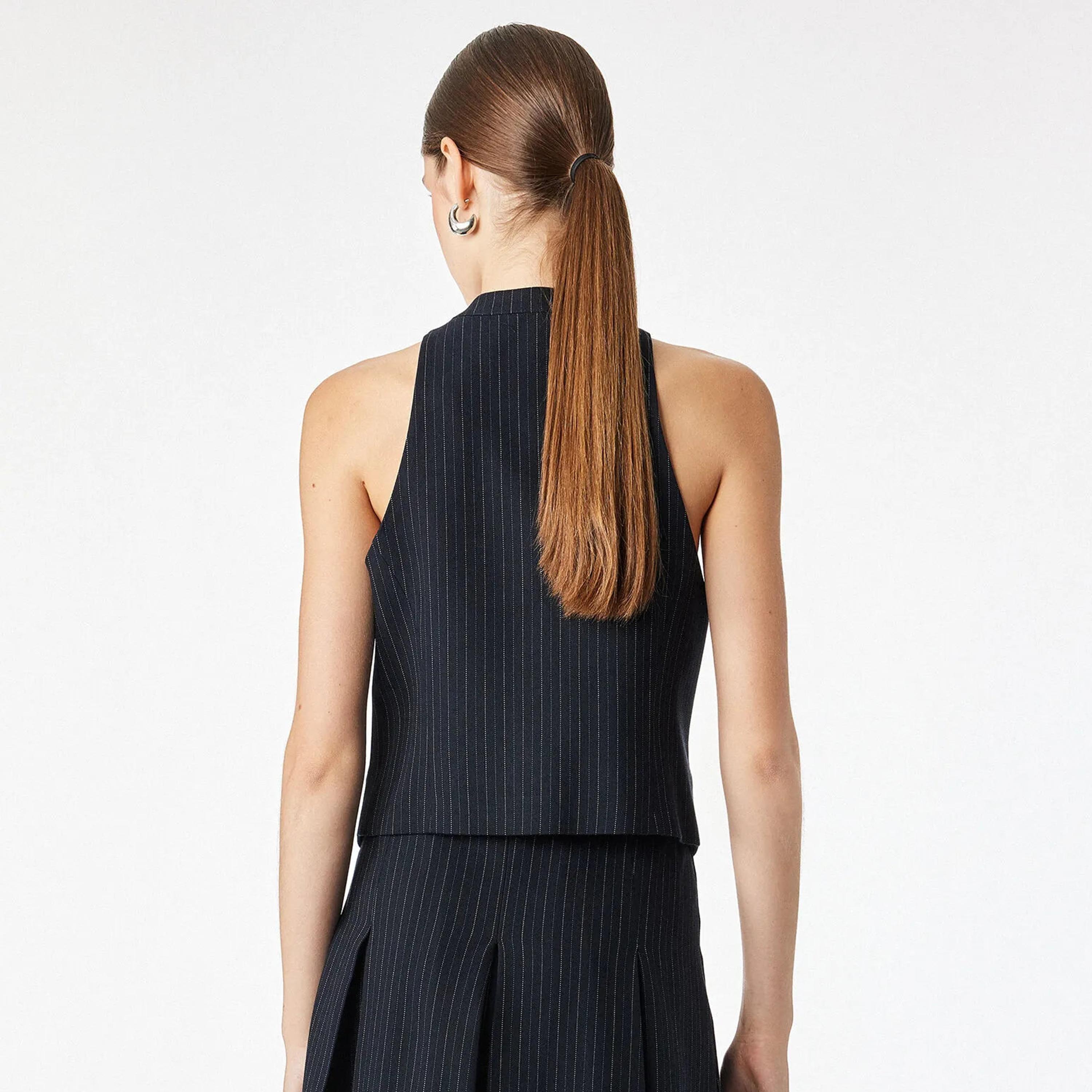KOTON Navy Striped Mandarin Collar Women's Wrap Vest Top-women-clothing-shirtsandblouses-blouses-image-4