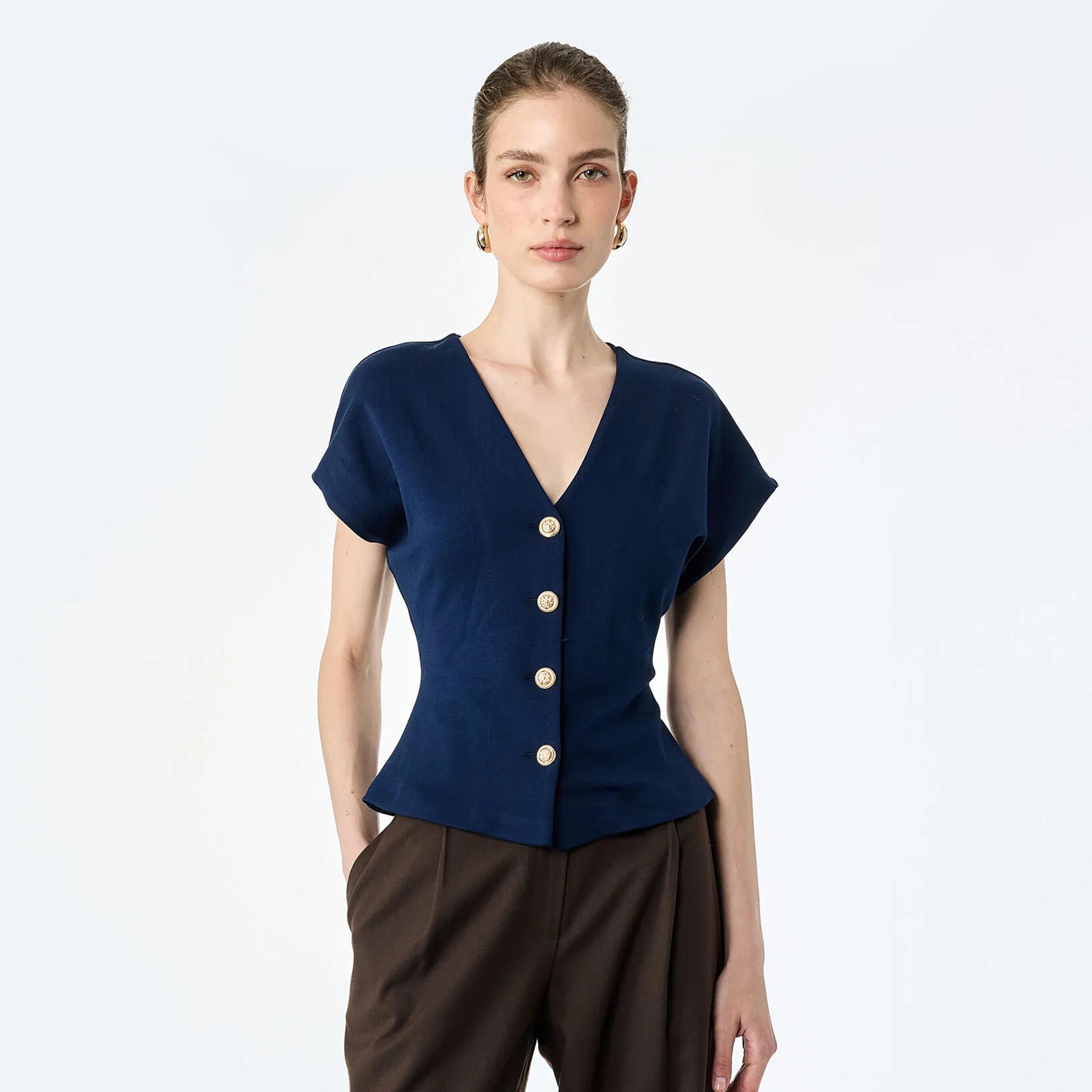 KOTON Navy Stitch Detailed Women's Top-women-clothing-shirtsandblouses-blouses-image-1