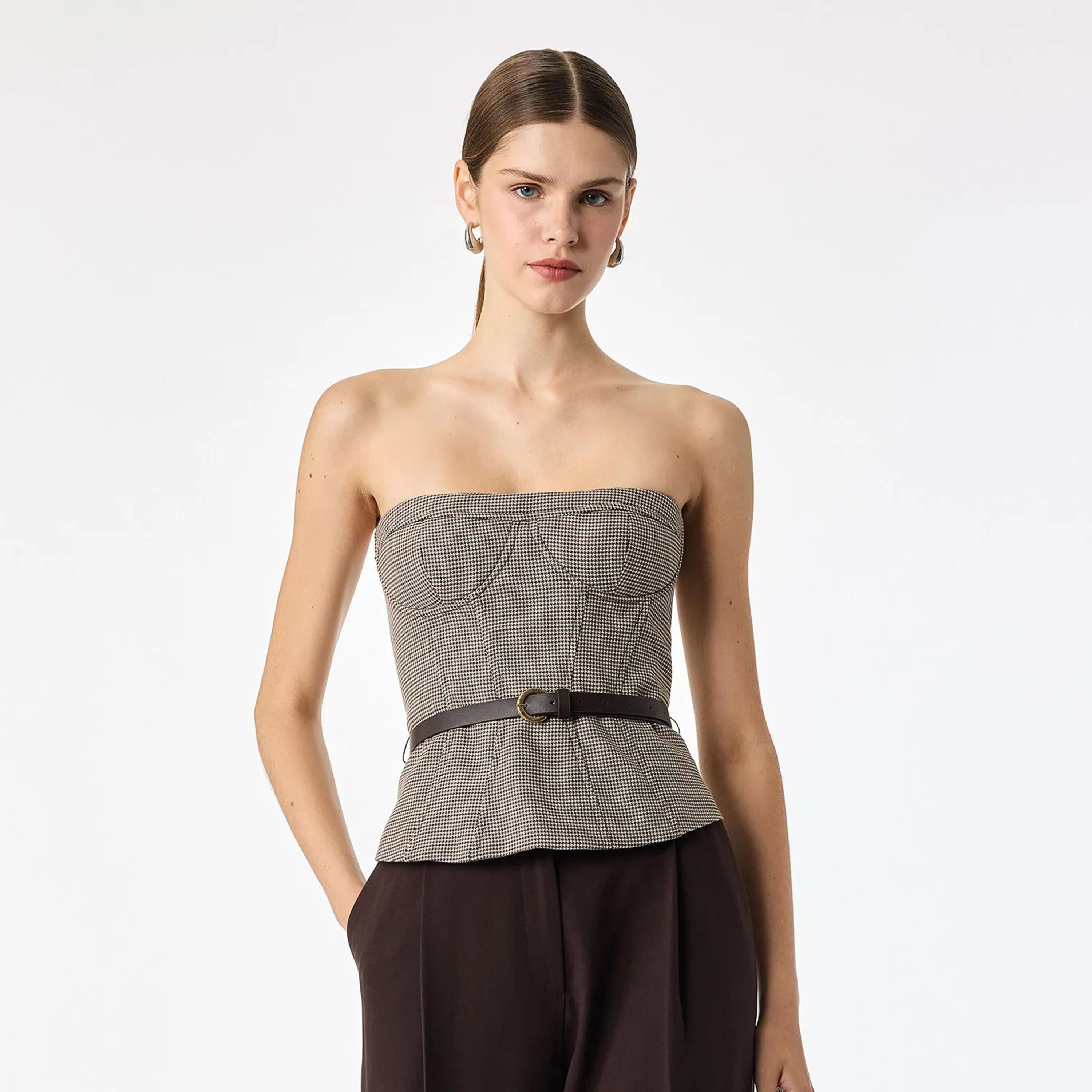 KOTON Brown Checked Strapless Women's Corset Top-women-clothing-shirtsandblouses-blouses-image-1