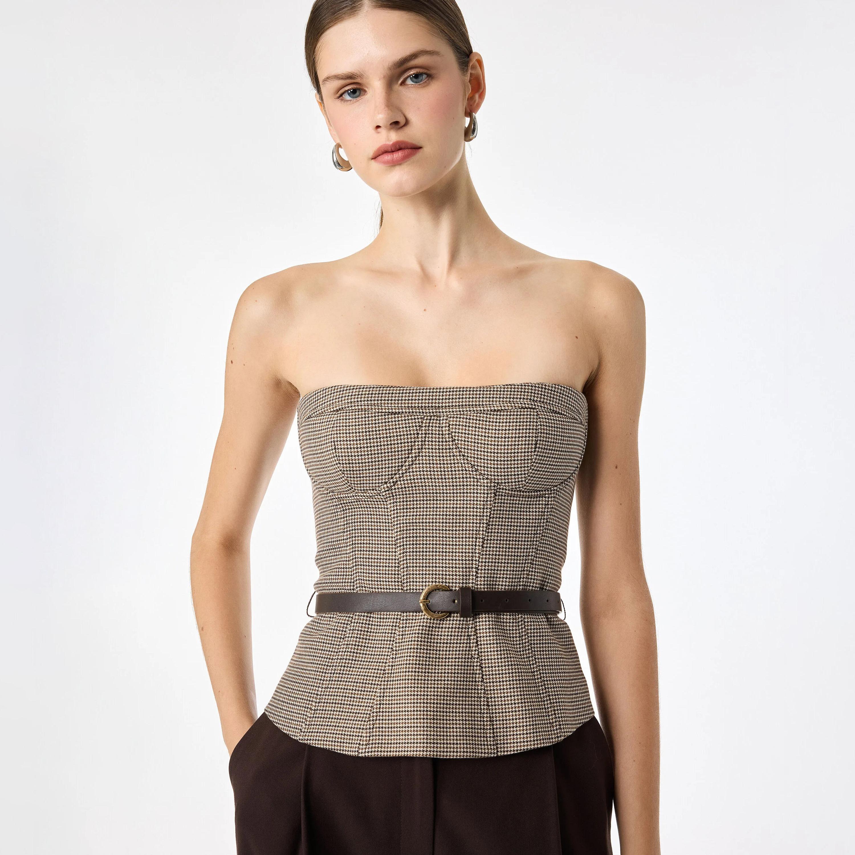 KOTON Brown Checked Strapless Women's Corset Top-women-clothing-shirtsandblouses-blouses-image-5