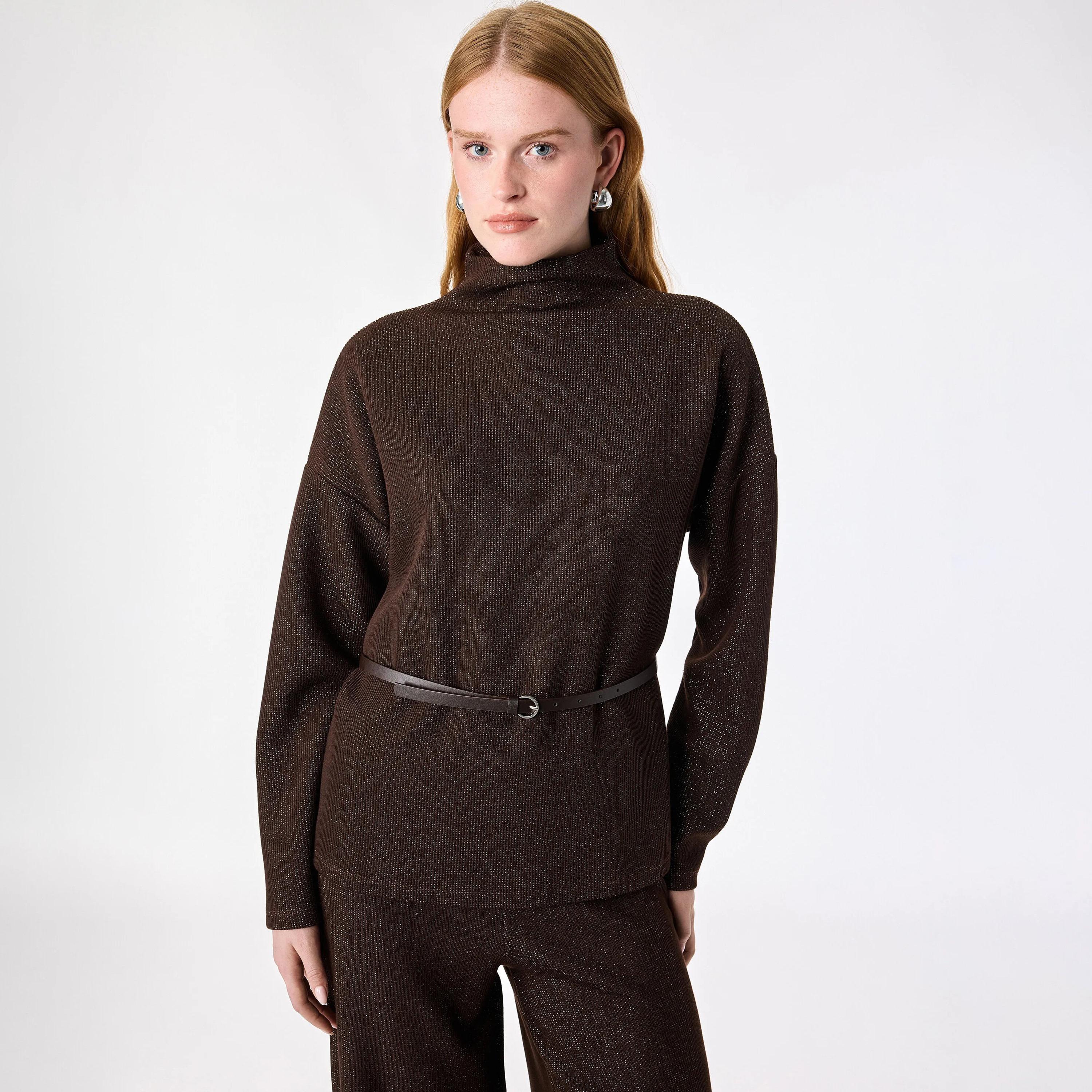KOTON Brown Textured Cotton High Neck Dropped Sleeves Women's Sweater-women-winterwear-cardigansandjumpers-jumpers-image-1