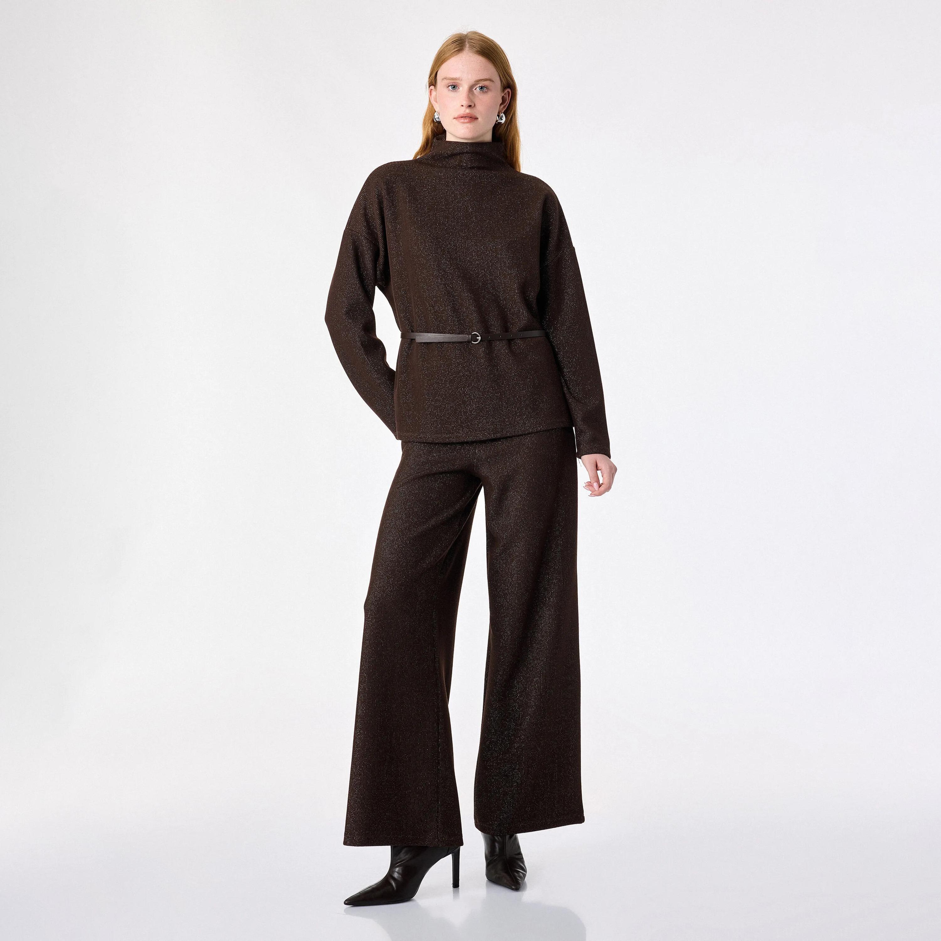 KOTON Brown Textured Cotton High Neck Dropped Sleeves Women's Sweater-women-winterwear-cardigansandjumpers-jumpers-image-2