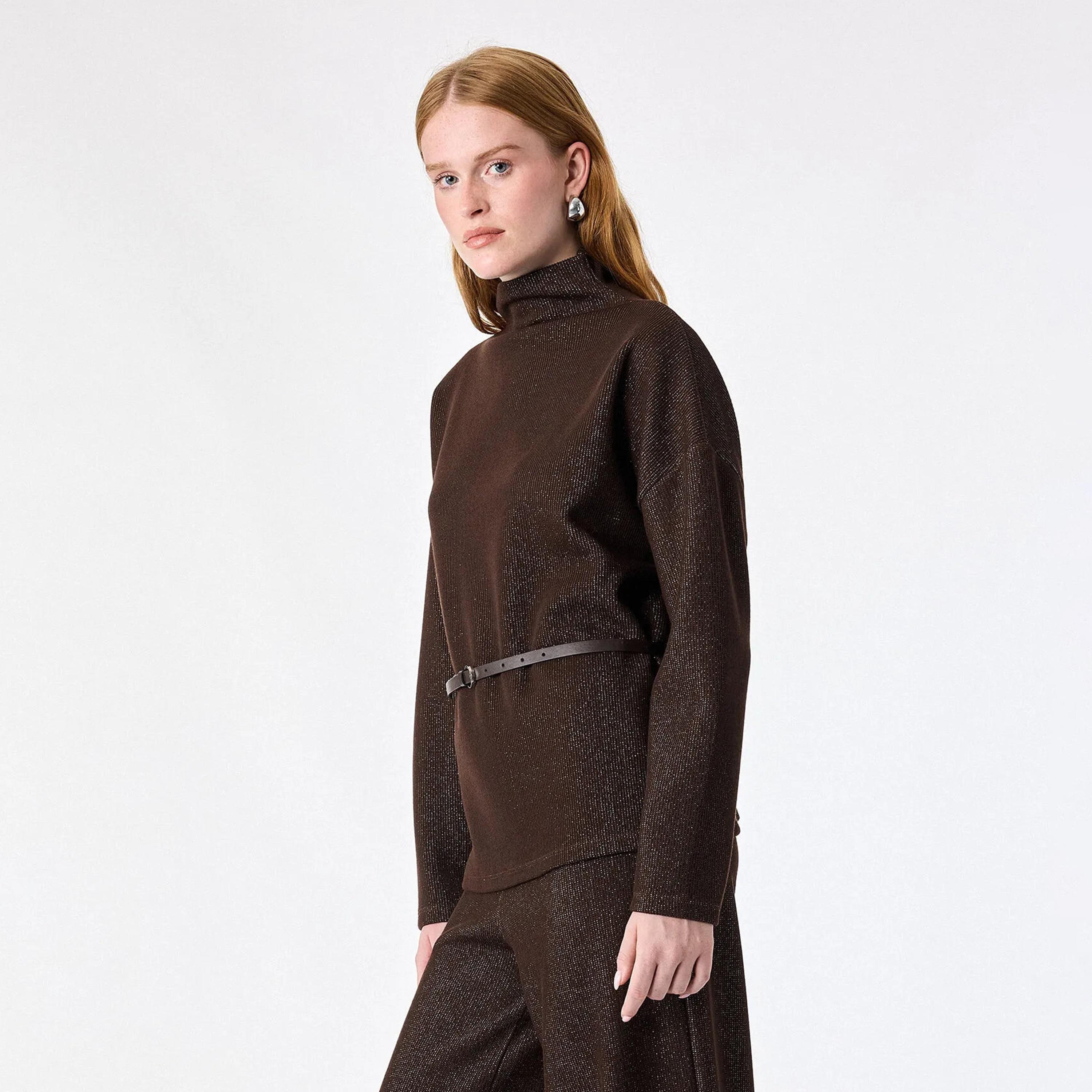 KOTON Brown Textured Cotton High Neck Dropped Sleeves Women's Sweater-women-winterwear-cardigansandjumpers-jumpers-image-3