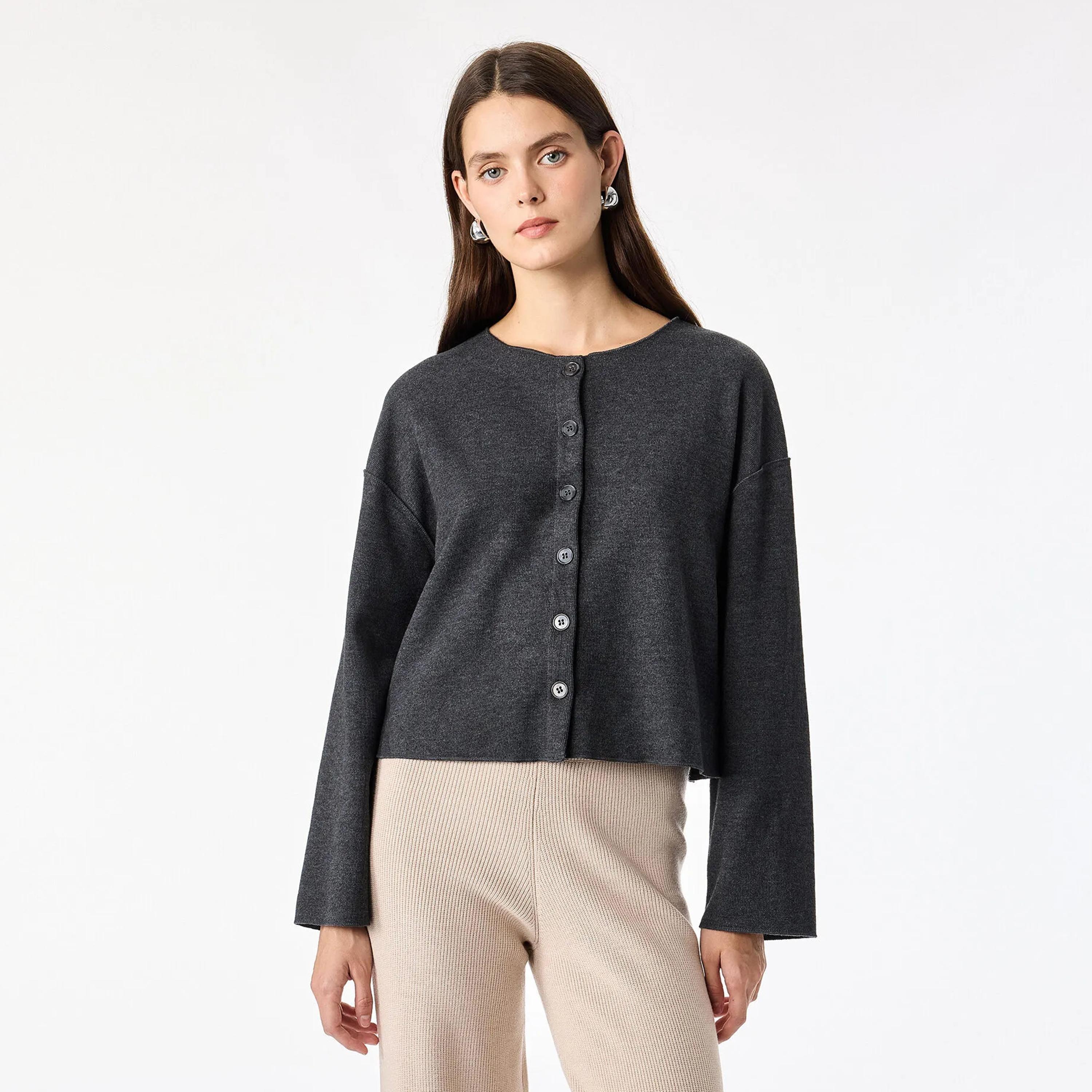 كارديجان حريمي رمادي قطن بأكمام دروب من كوتون-women-winterwear-cardigansandjumpers-cardigans-image-1