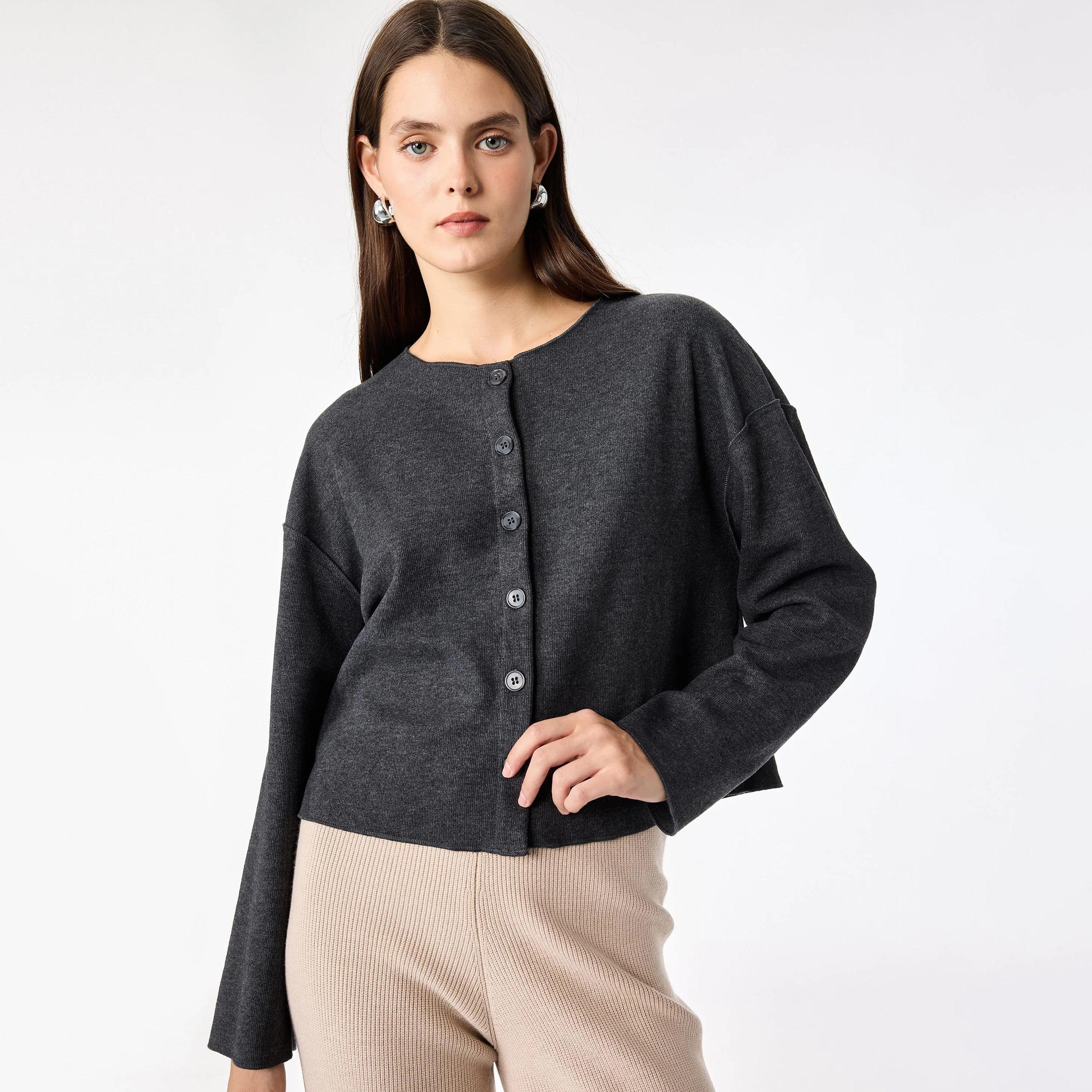 كارديجان حريمي رمادي قطن بأكمام دروب من كوتون-women-winterwear-cardigansandjumpers-cardigans-image-5
