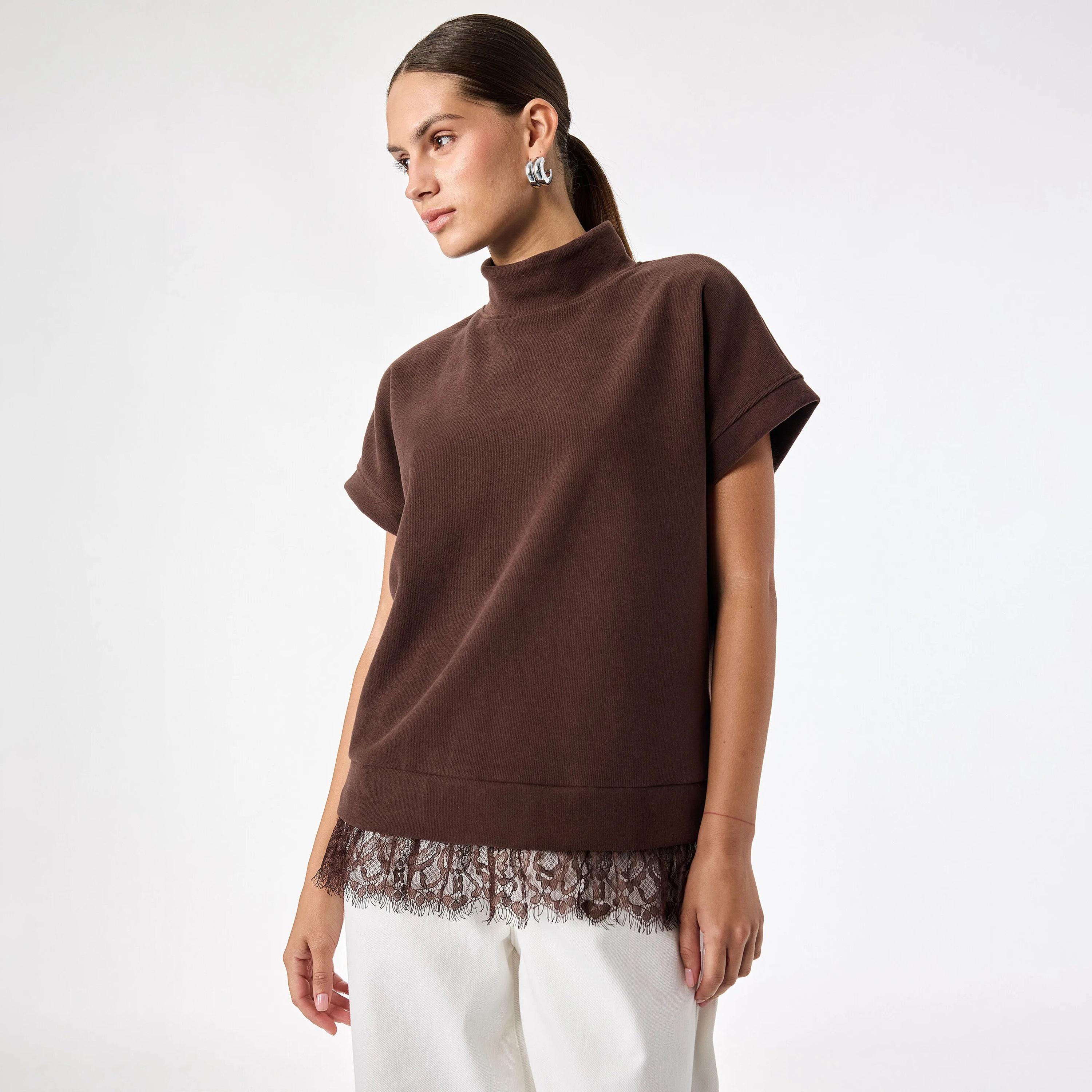 KOTON Lace Trim Cotton Mock Neck Cap Sleeves Women's Sweaters Top-women-clothing-shirtsandblouses-blouses-image-1