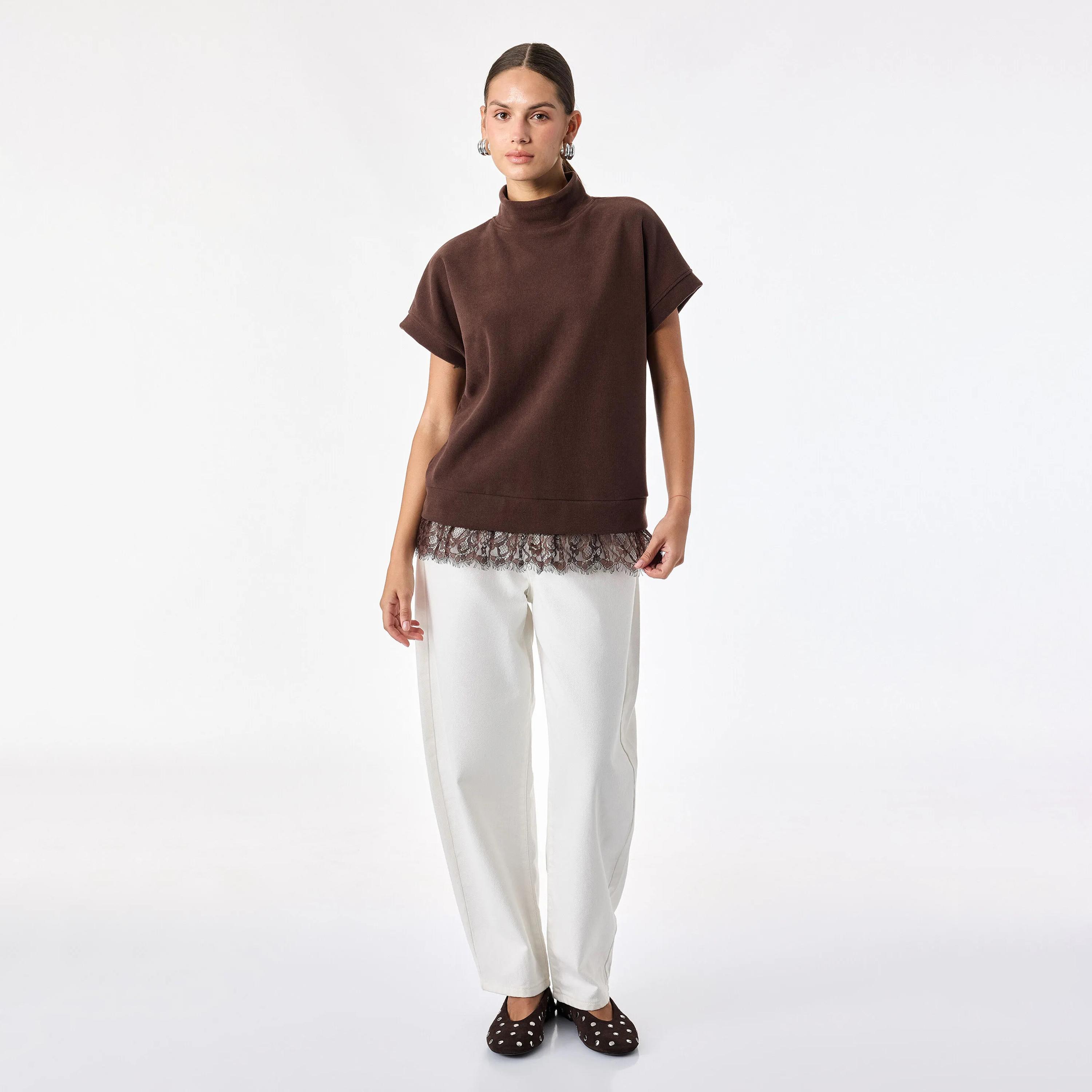 KOTON Lace Trim Cotton Mock Neck Cap Sleeves Women's Sweaters Top-women-clothing-shirtsandblouses-blouses-image-2