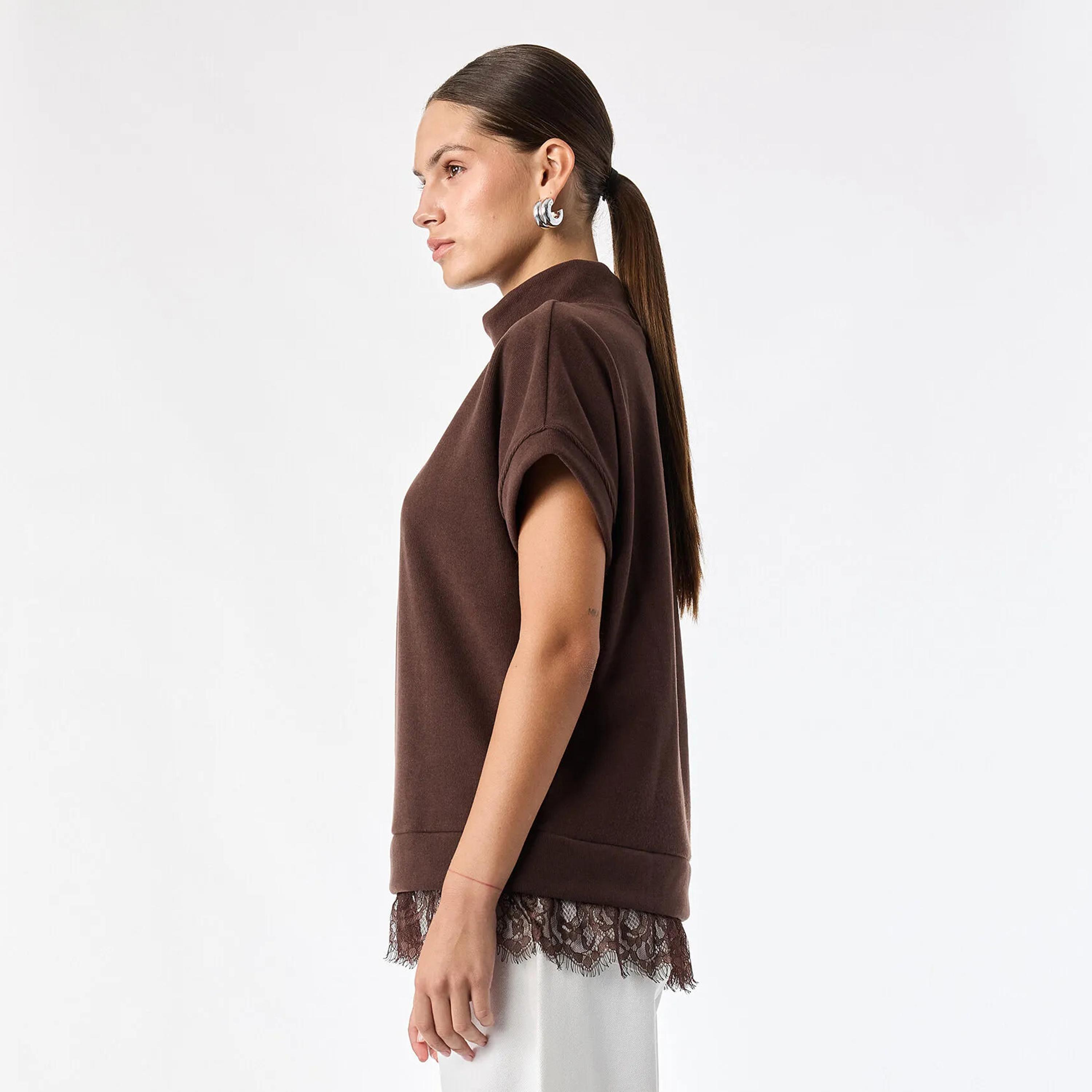KOTON Lace Trim Cotton Mock Neck Cap Sleeves Women's Sweaters Top-women-clothing-shirtsandblouses-blouses-image-3