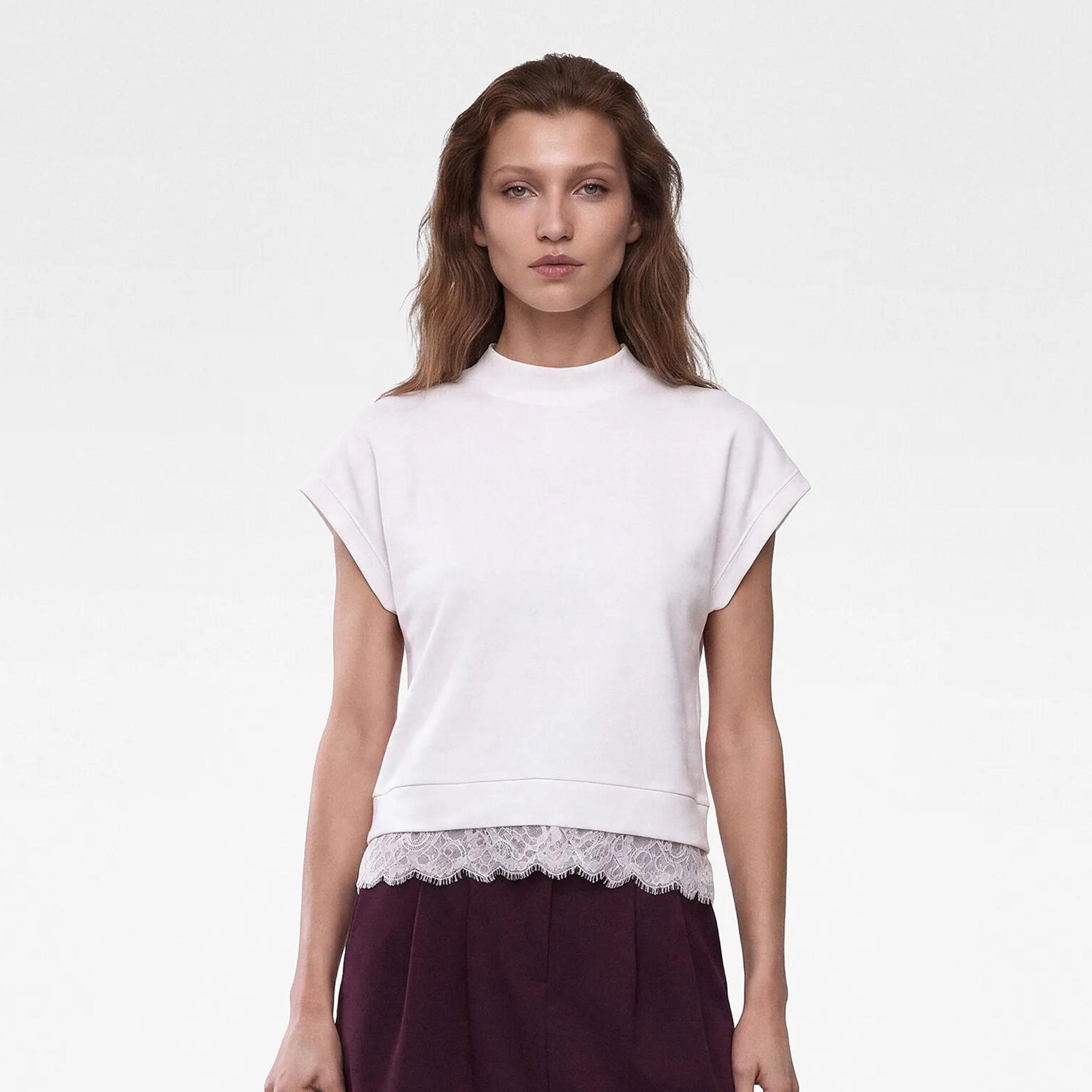 KOTON Lace Trim Cotton Mock Neck Cap Sleeves Women's Sweaters Top-women-clothing-shirtsandblouses-blouses-image-1