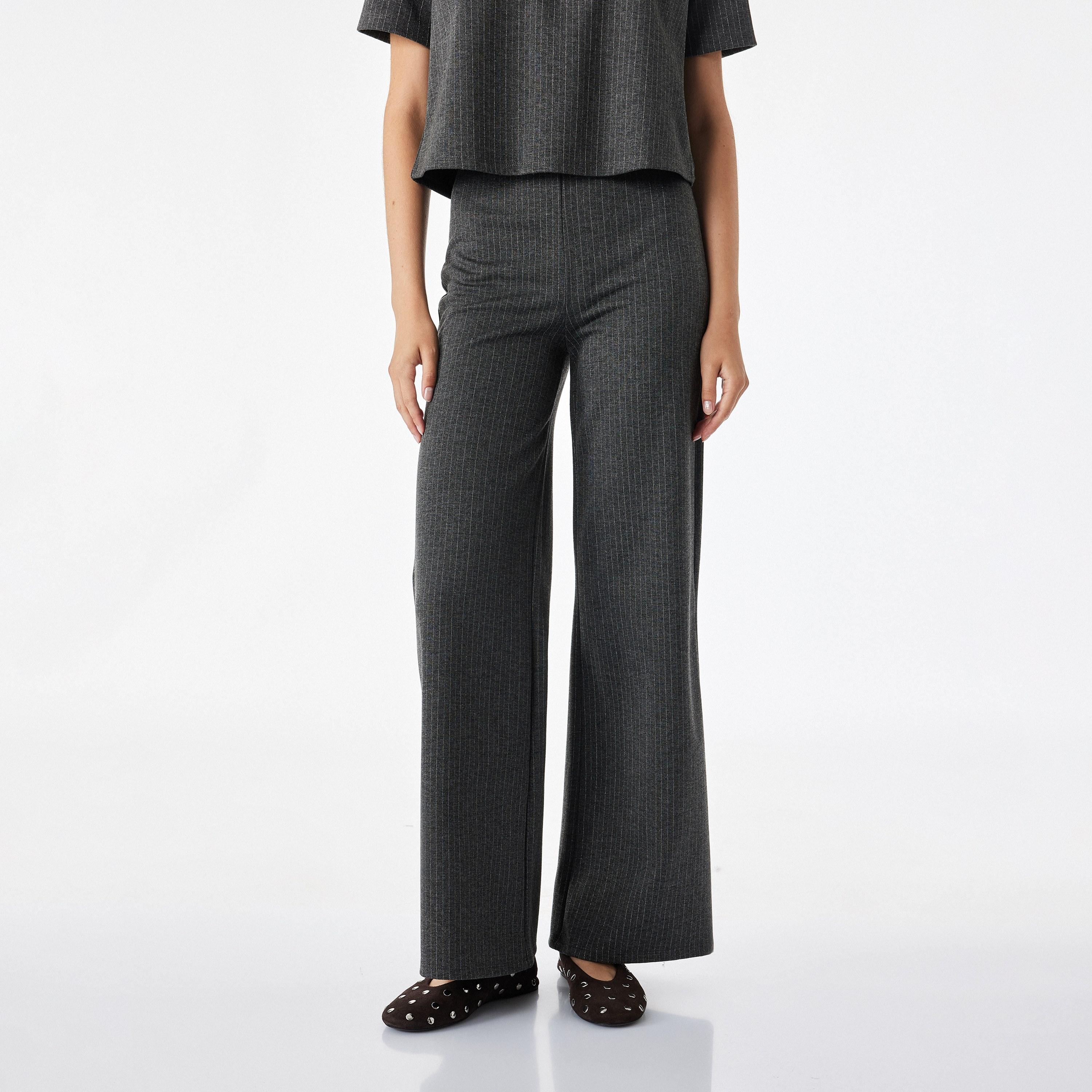 KOTON Grey Striped Metallic Elasticated Wide Leg Women's Trousers-women-clothing-trousers-image-1