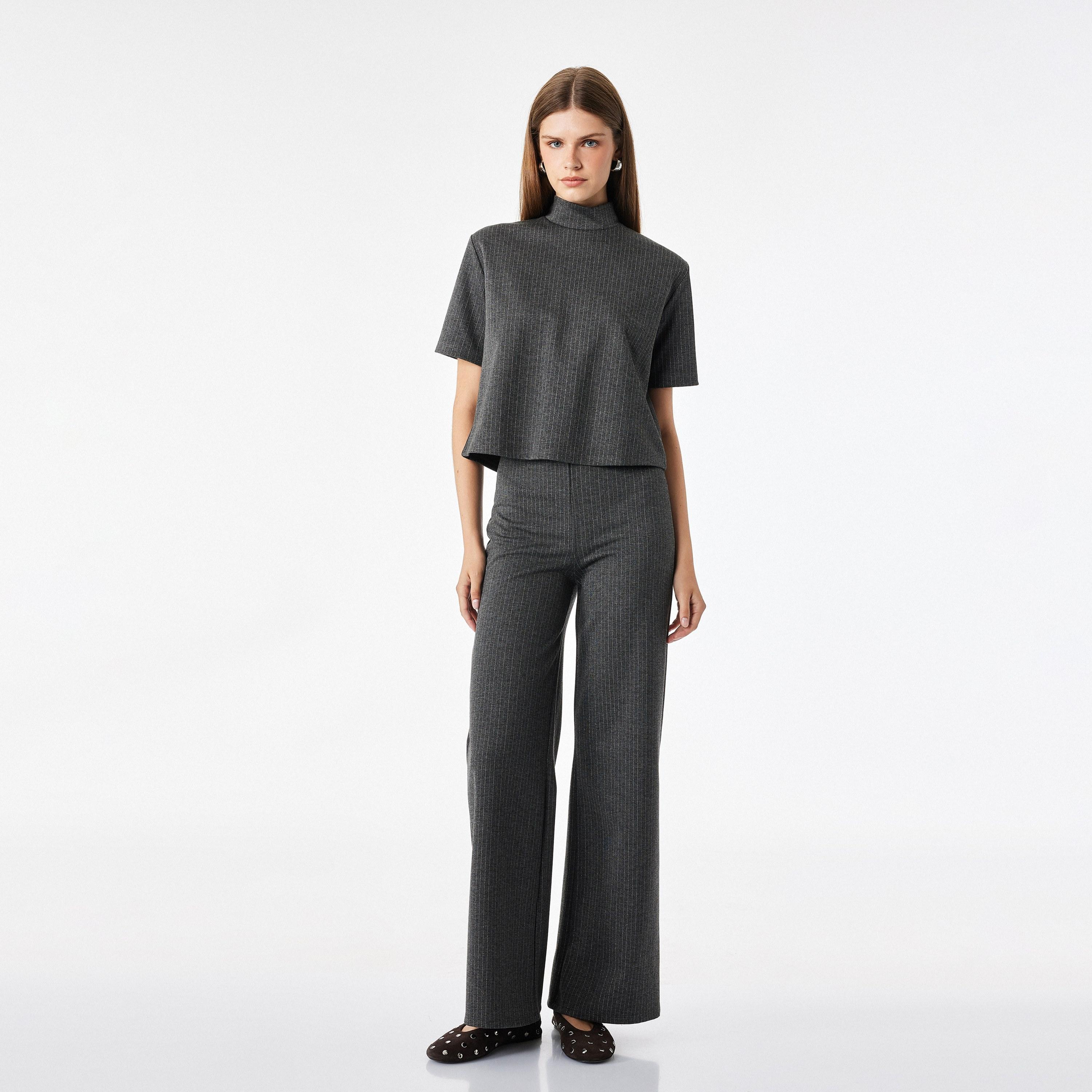 KOTON Grey Striped Metallic Elasticated Wide Leg Women's Trousers-women-clothing-trousers-image-2